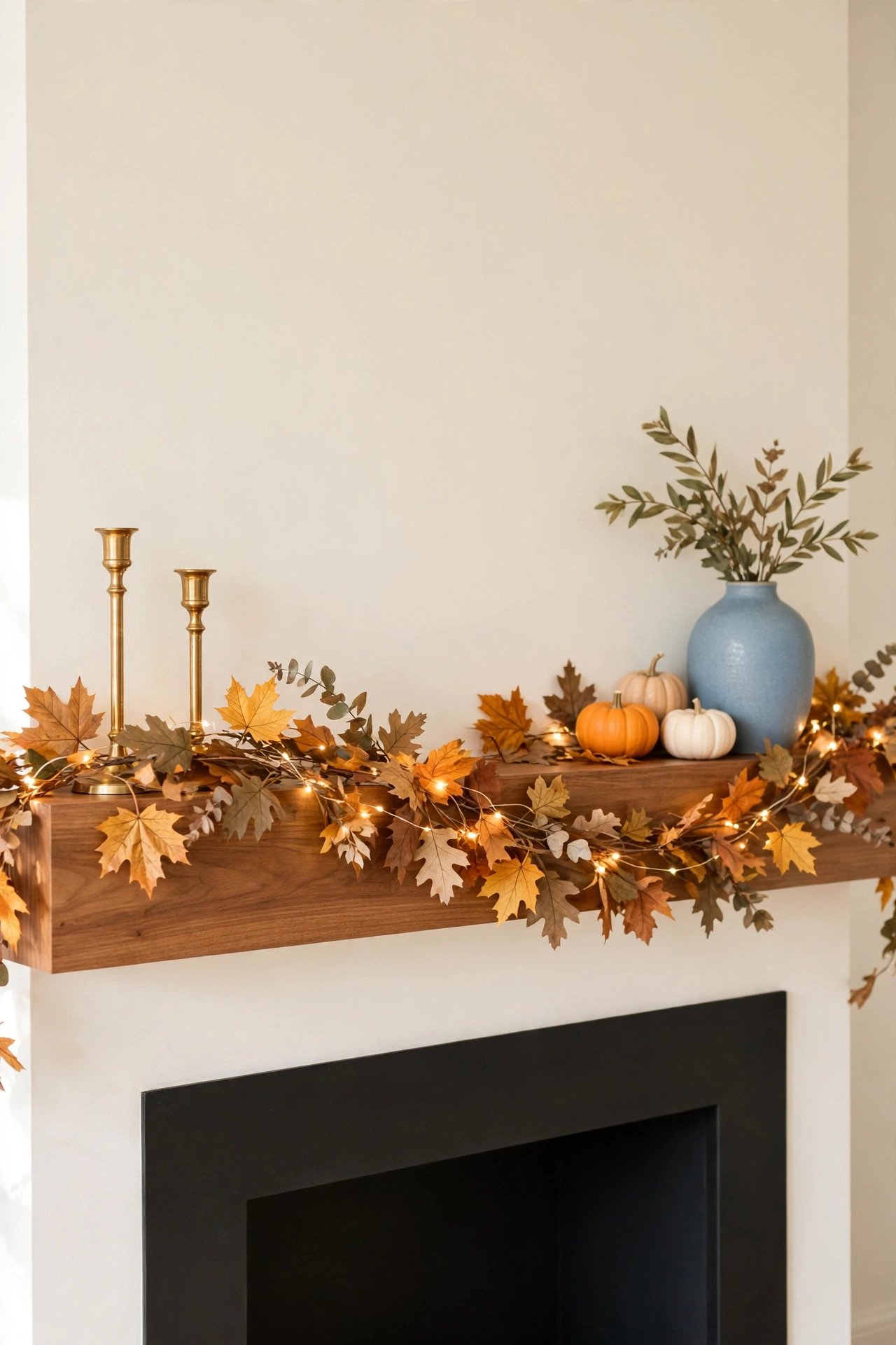 Warm fairy lights woven through a fall garland on a bright mantel with a soft blue ceramic vase