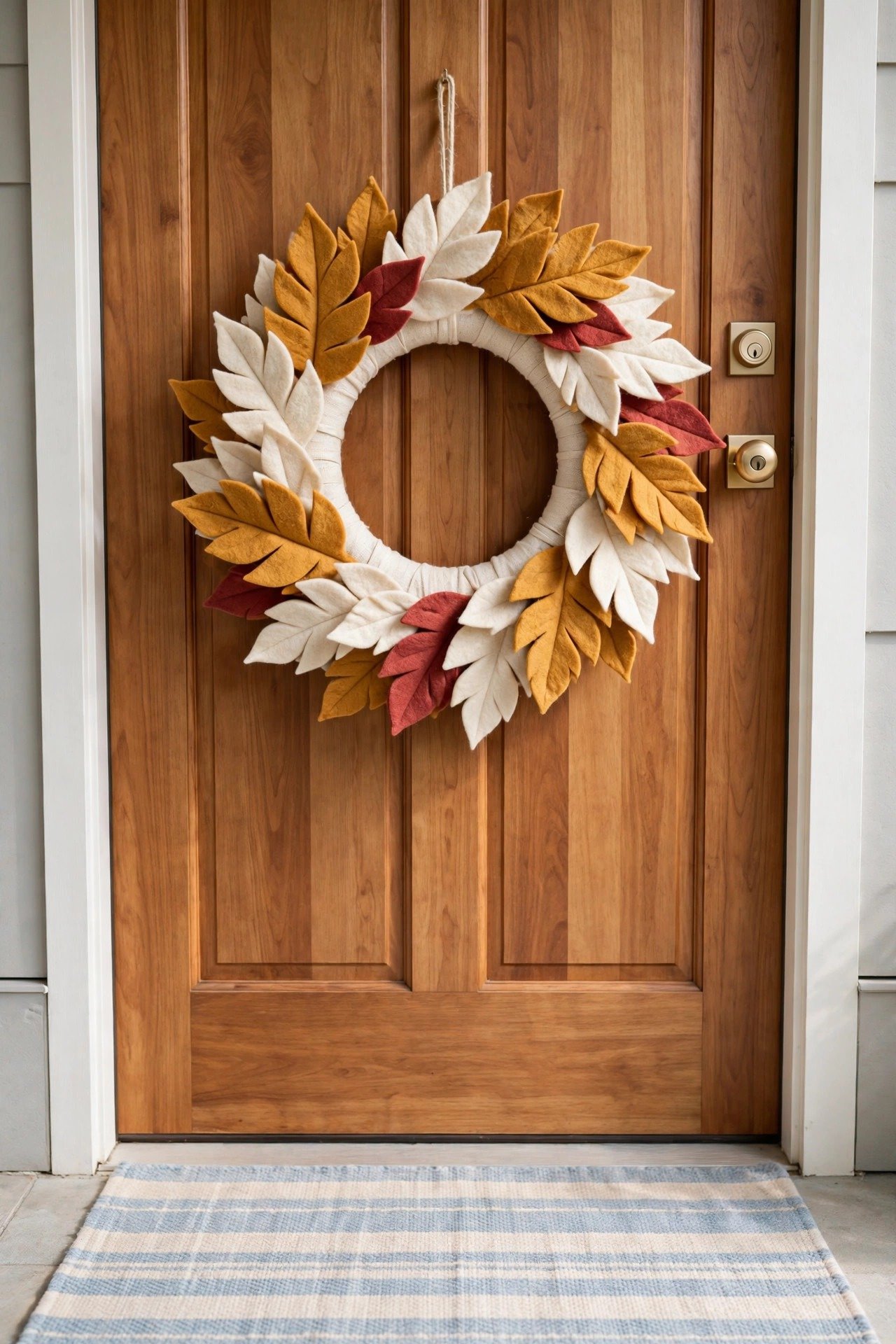 Handmade wreath of hand-cut felt leaves in ocher, cream and muted red on a warm wooden door