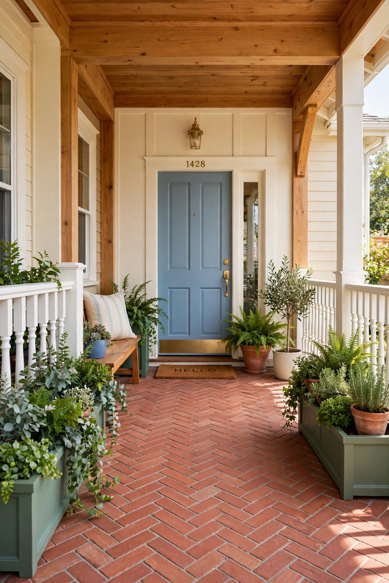 Herringbone brick pattern flooring on a front porch with a soft blue door