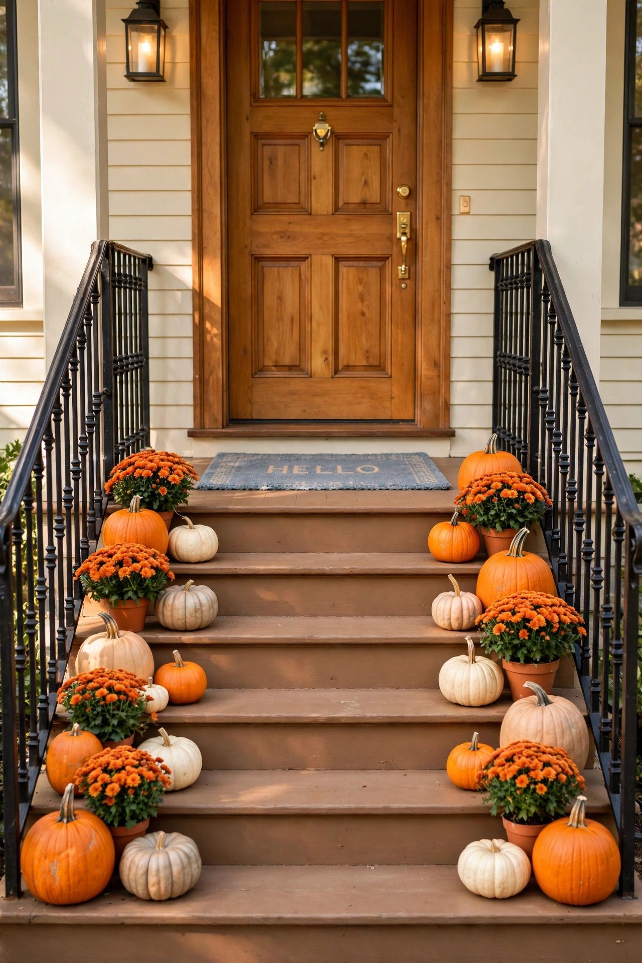 Front steps lined with orange mums and pumpkins leading up to the door