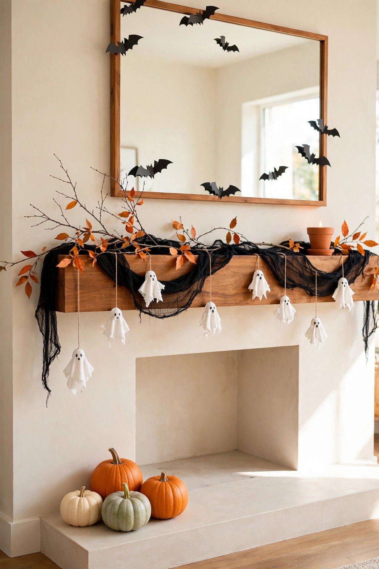 Wooden mantel with floating cloth ghosts, black gauze and grouped pumpkins