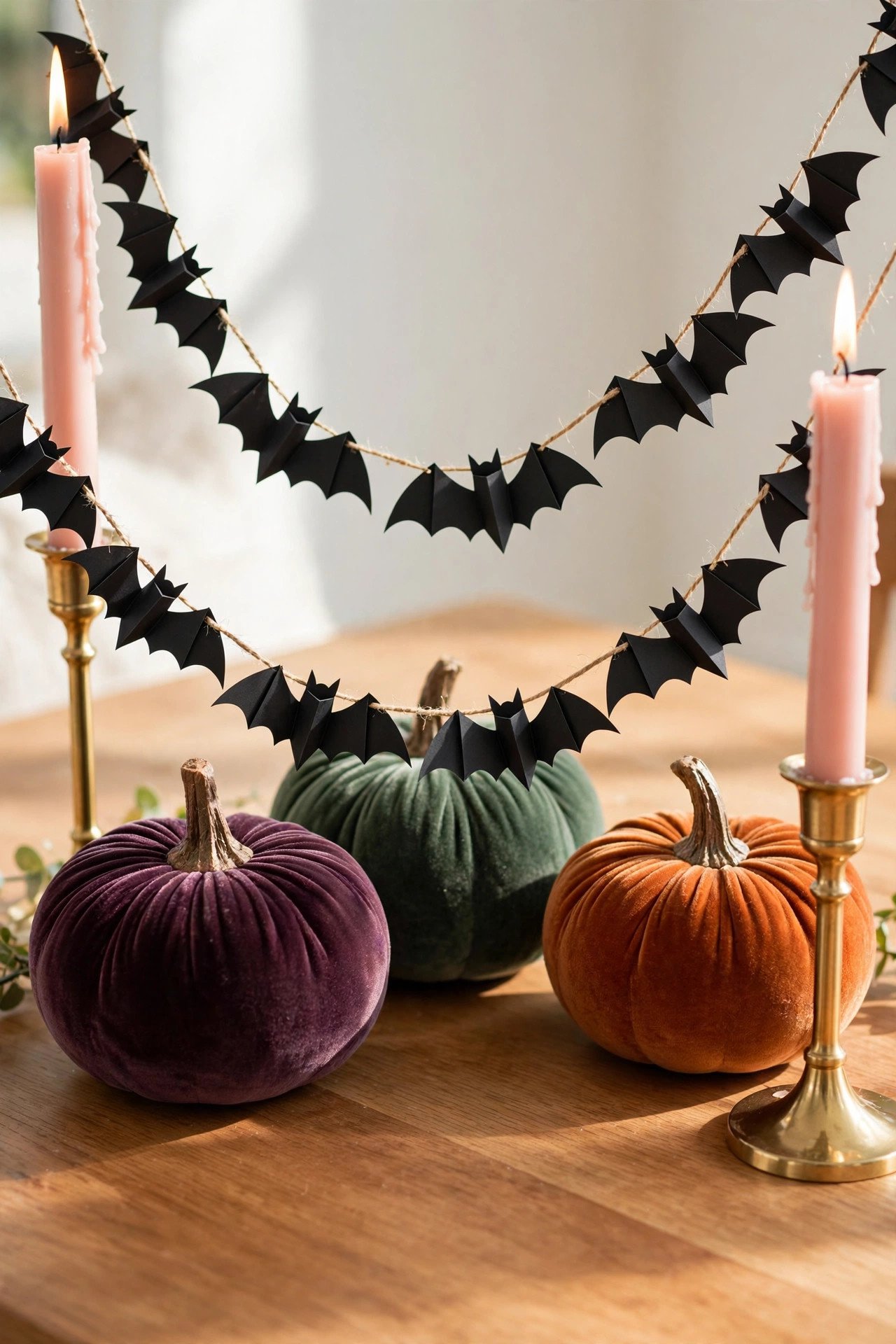 Black paper bat garland draped across a Halloween dinner table centerpiece