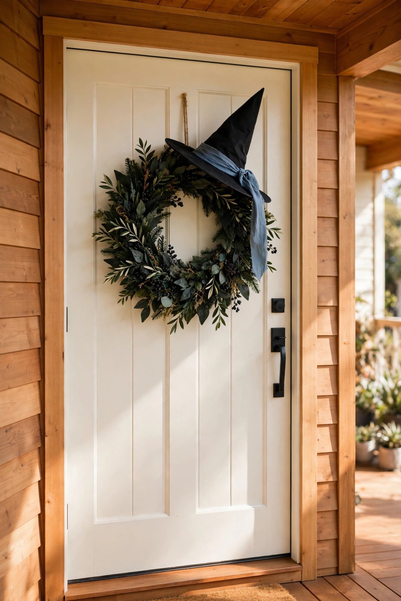 Halloween wreath with a black witch hat tilted at the top of the ring on a front door