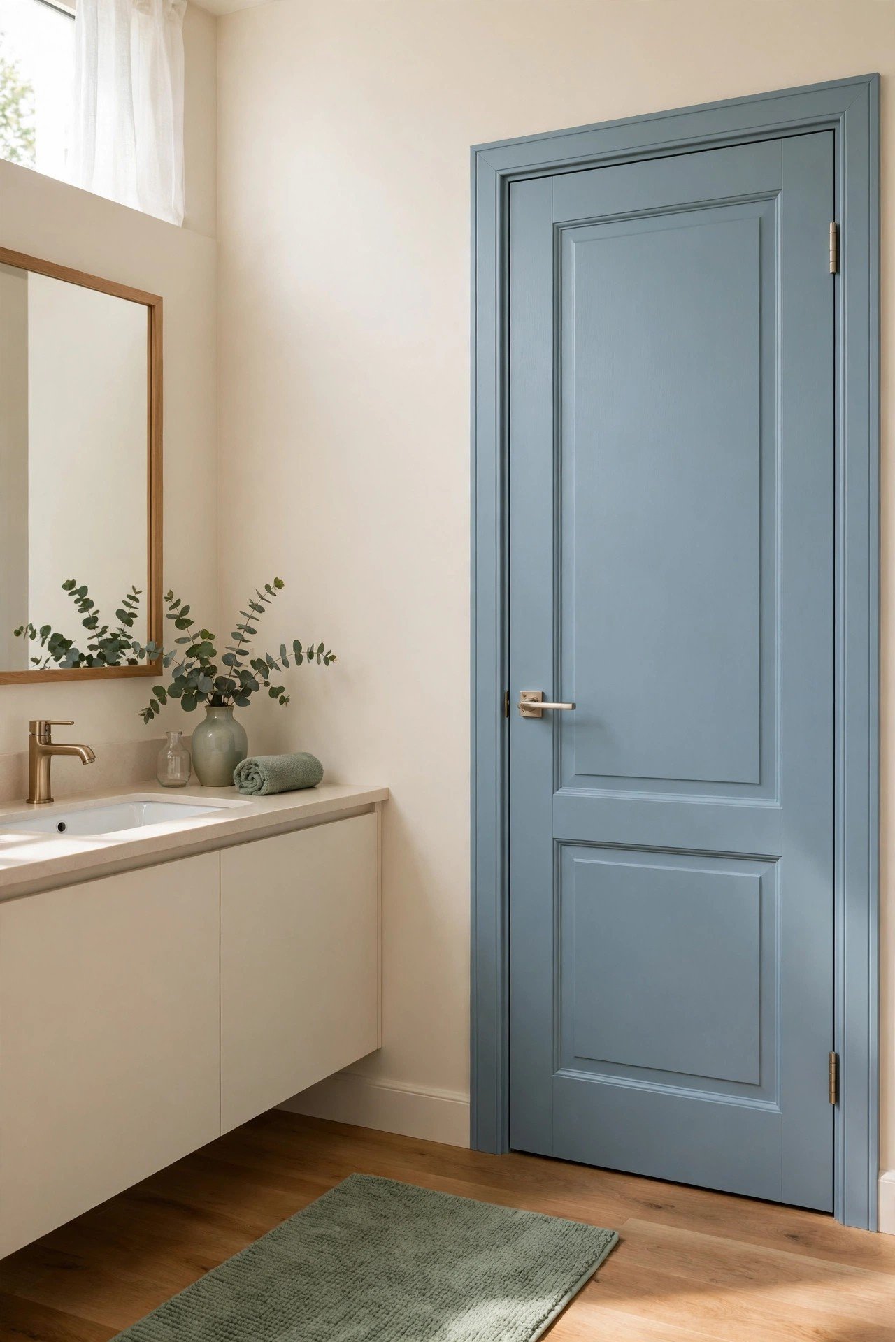 Calm soft blue painted interior door creating serene spa-like atmosphere
