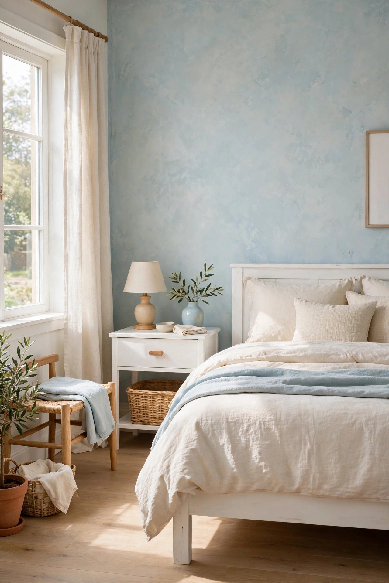 Pale blue limewash wall with airy texture in a small bedroom with white furniture