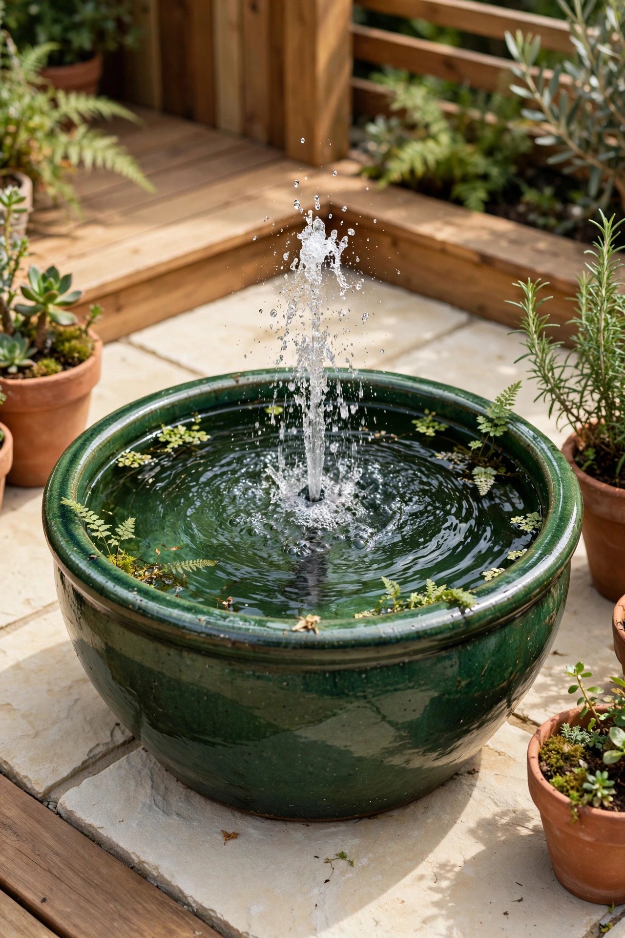 Mini container pond with a bubbling solar fountain jet