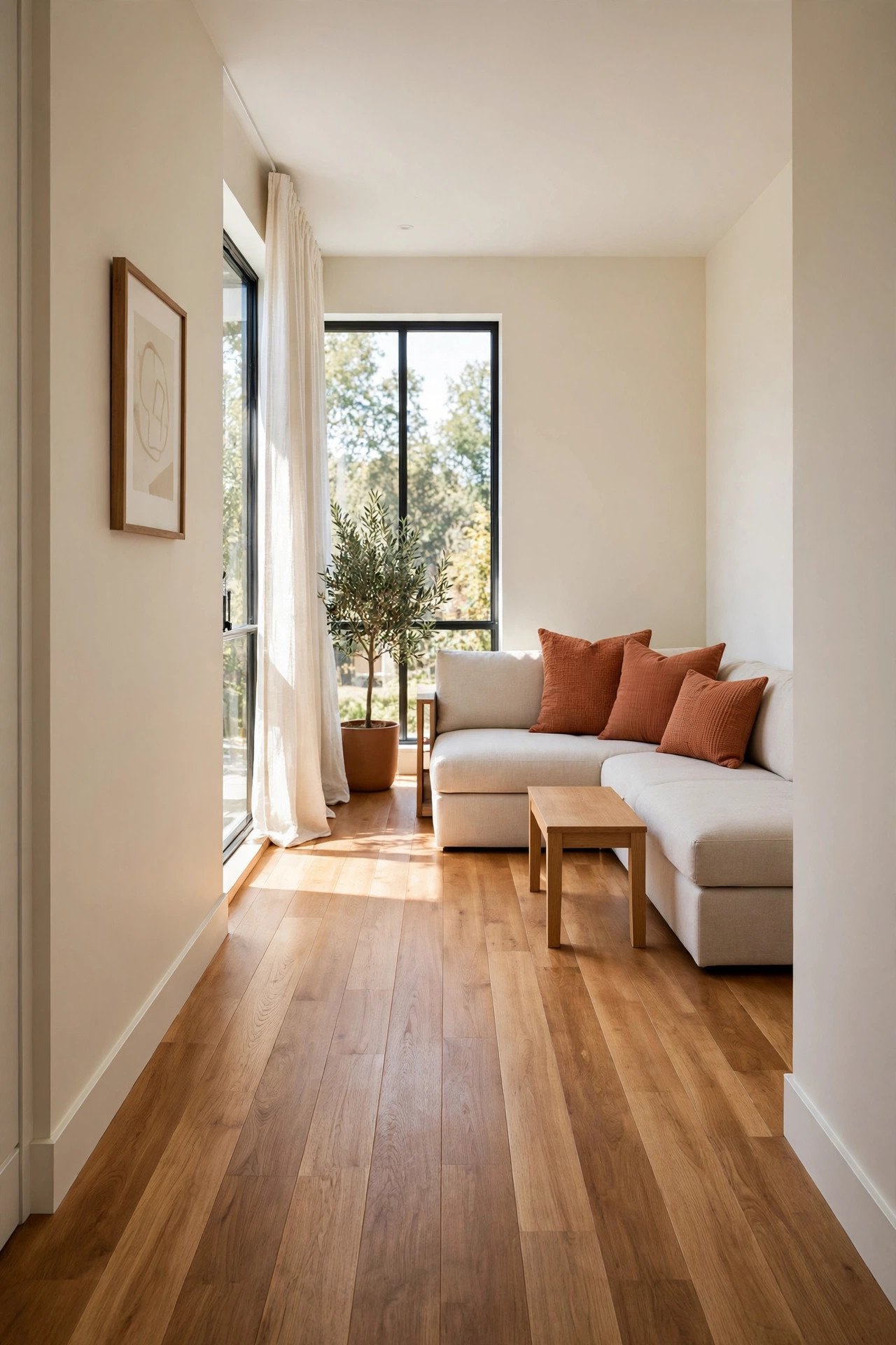 Compact L shaped sofa tucked into the corner of a narrow living room saving walkway space