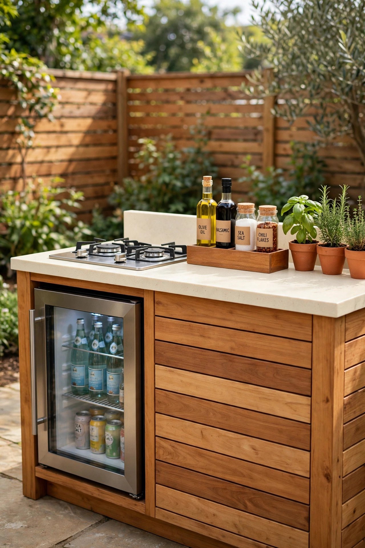 Compact outdoor kitchen with a bar fridge, two-burner cooktop, and condiment caddy