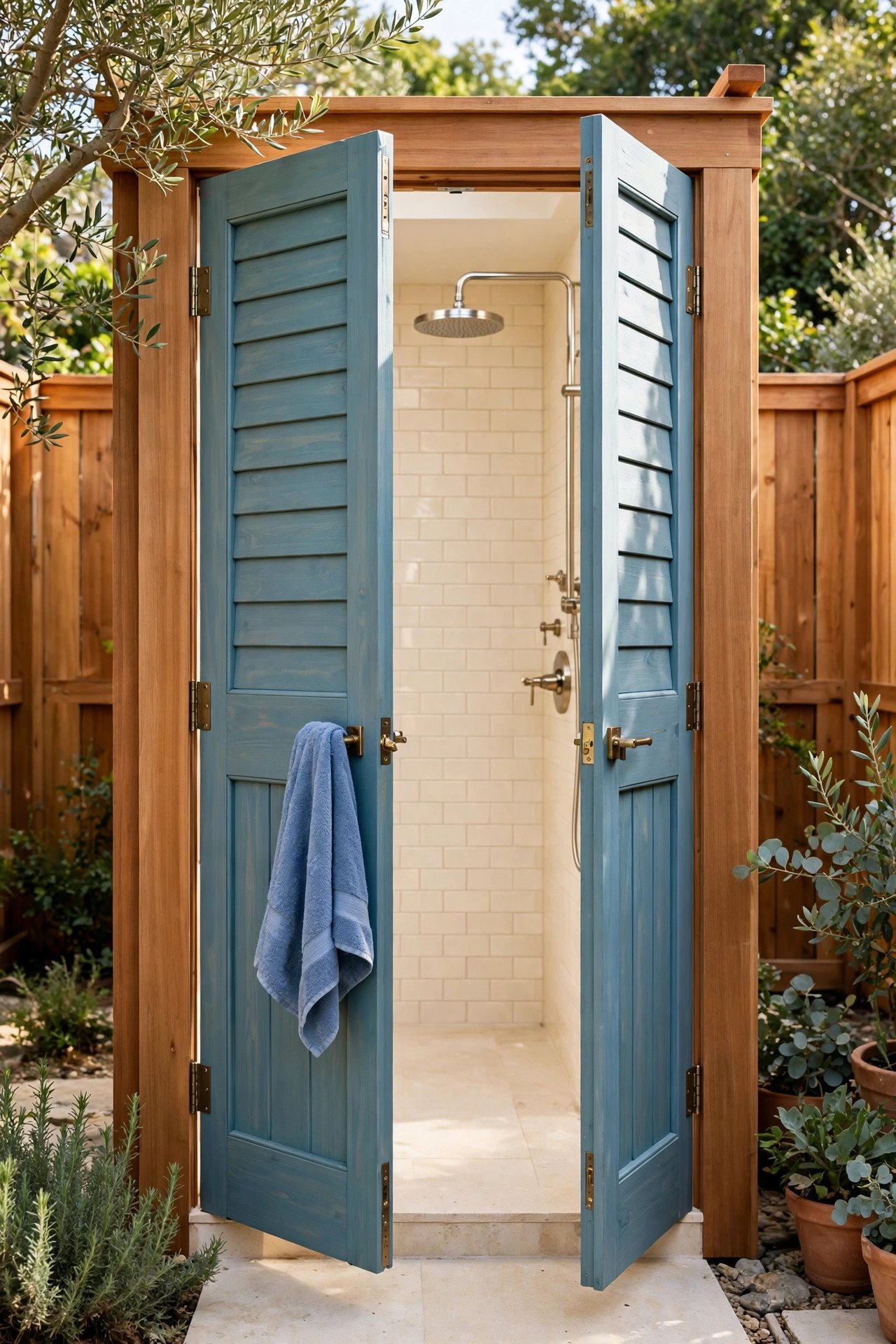 Outdoor shower entrance with a pair of coastal blue statement doors