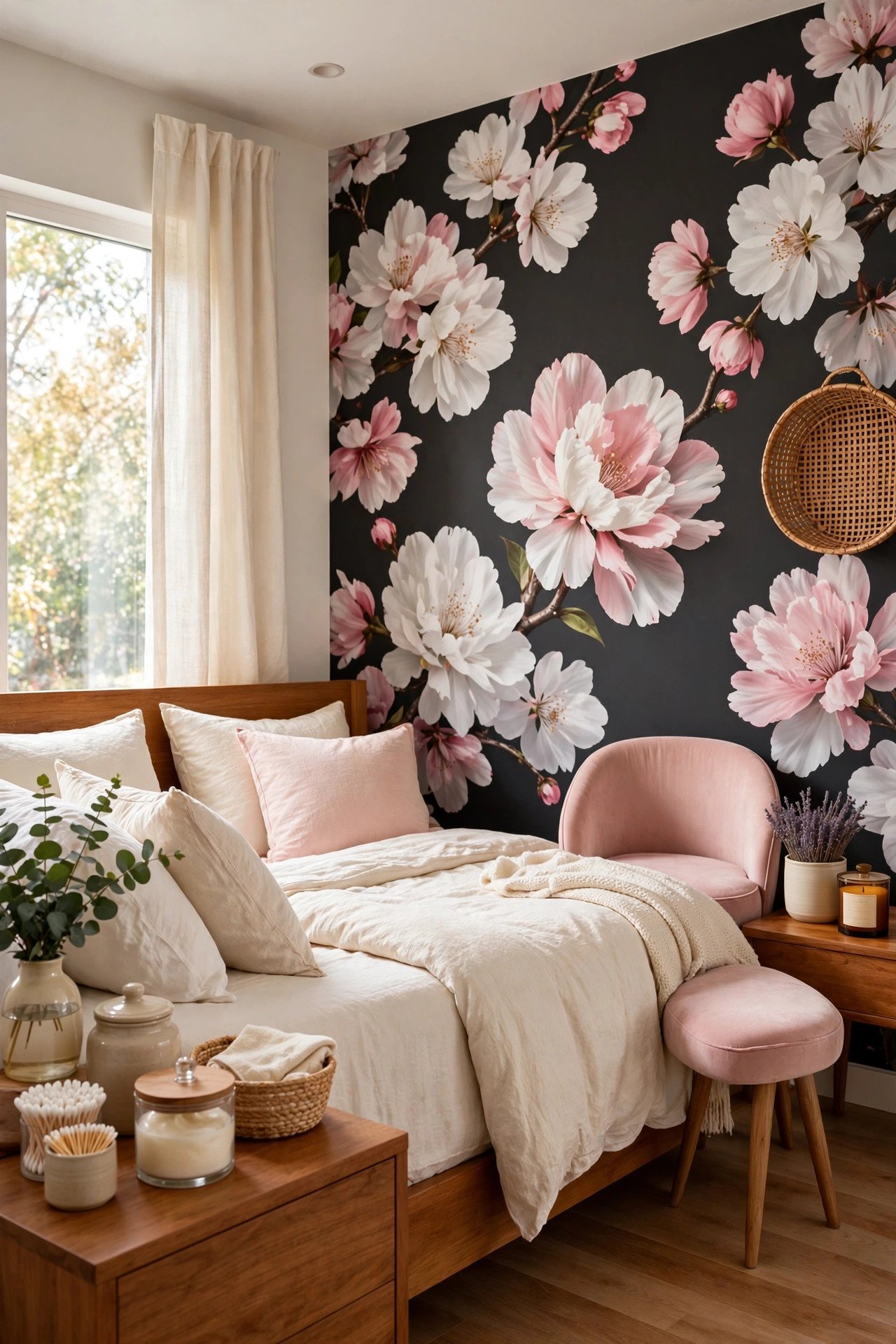 Oversized floral peel and stick wallpaper with pink blossoms on charcoal in a dramatic bedroom
