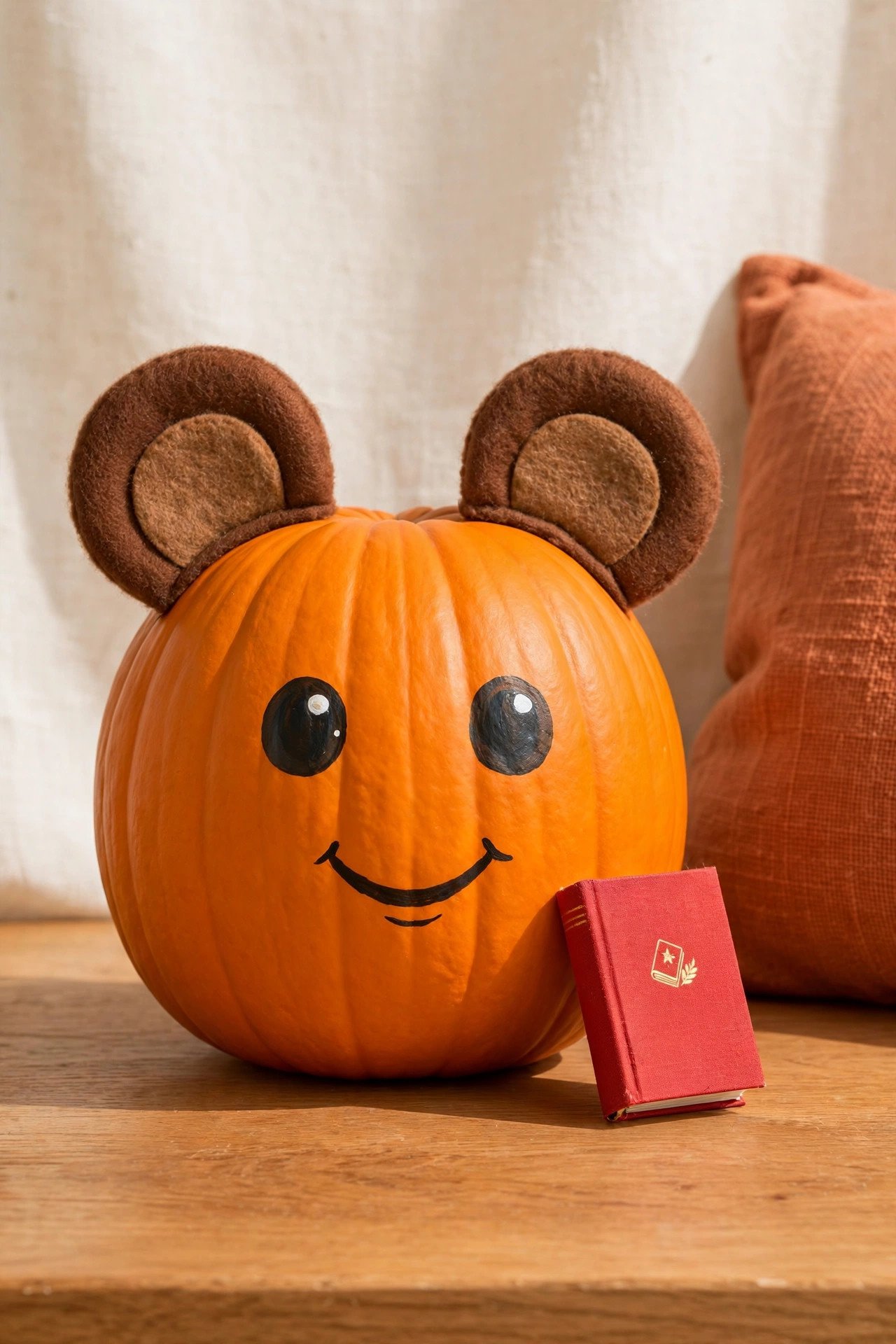 Pumpkin dressed as a storybook bear character with felt ears, painted face, and a tiny red book