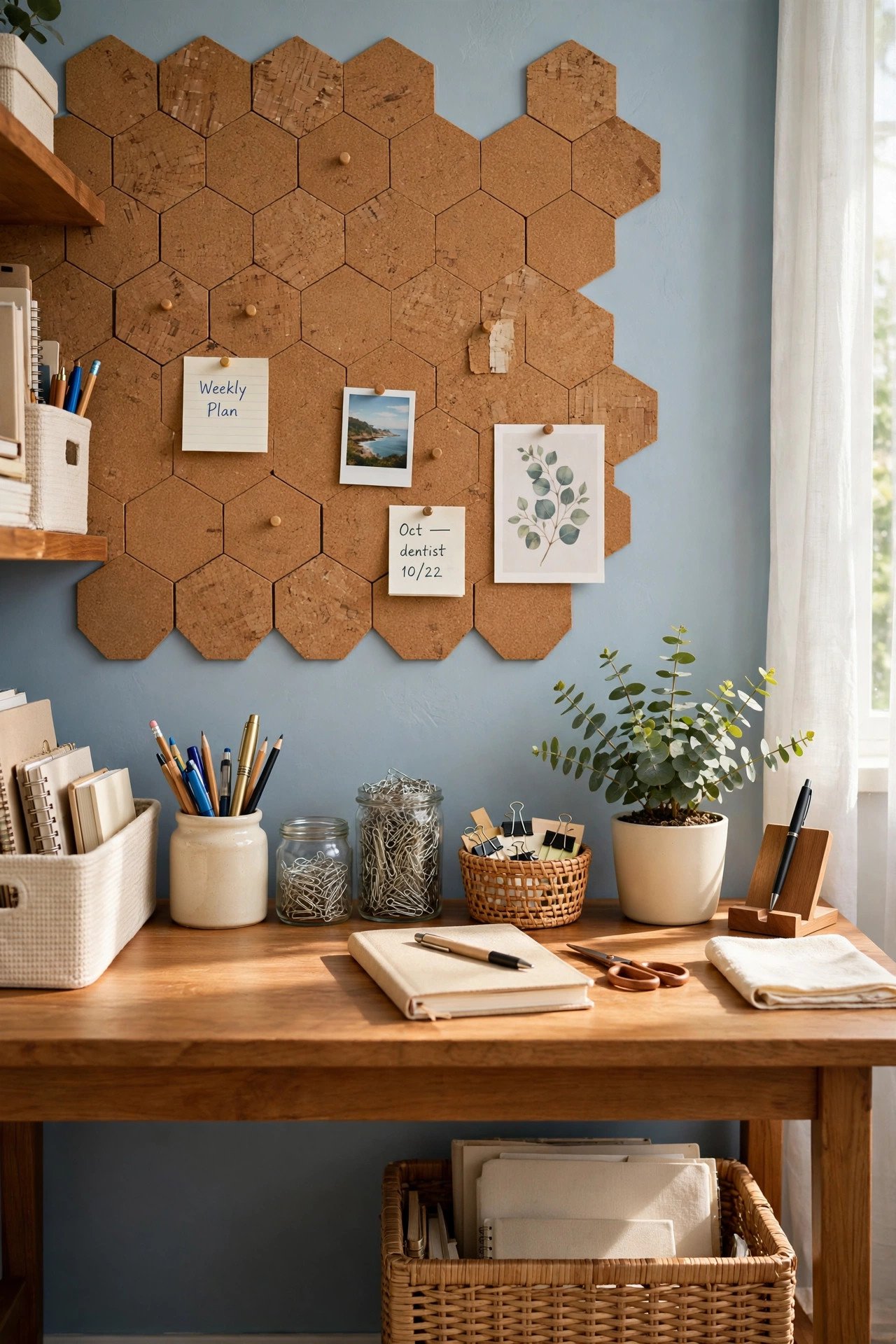 Cork tile wall in a hexagon pattern used as a pinboard in a home office in soft blue tones