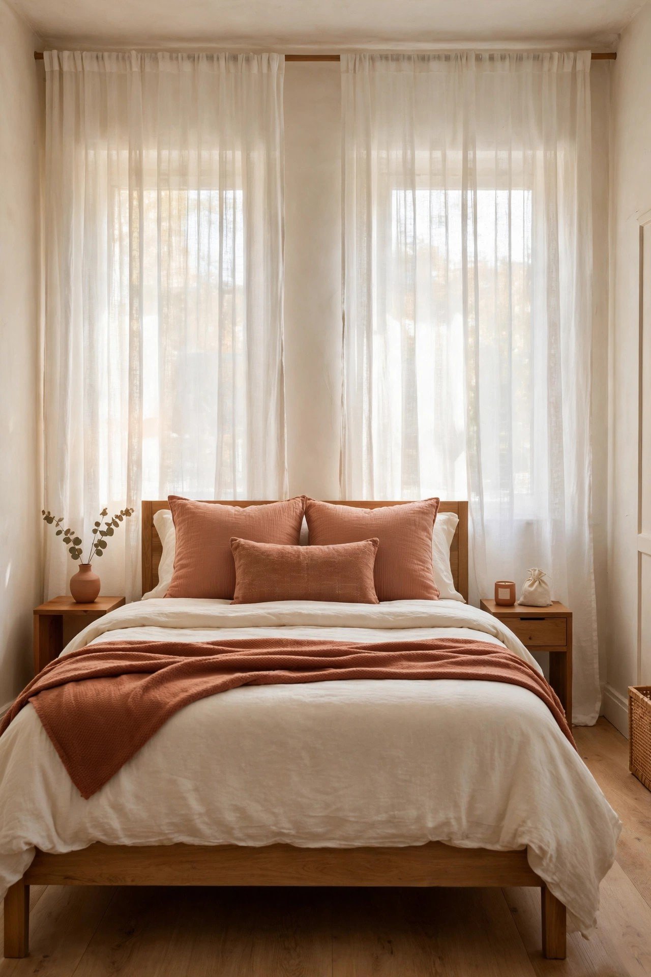 Floor to ceiling sheer curtains hanging behind a queen bed in a small bedroom