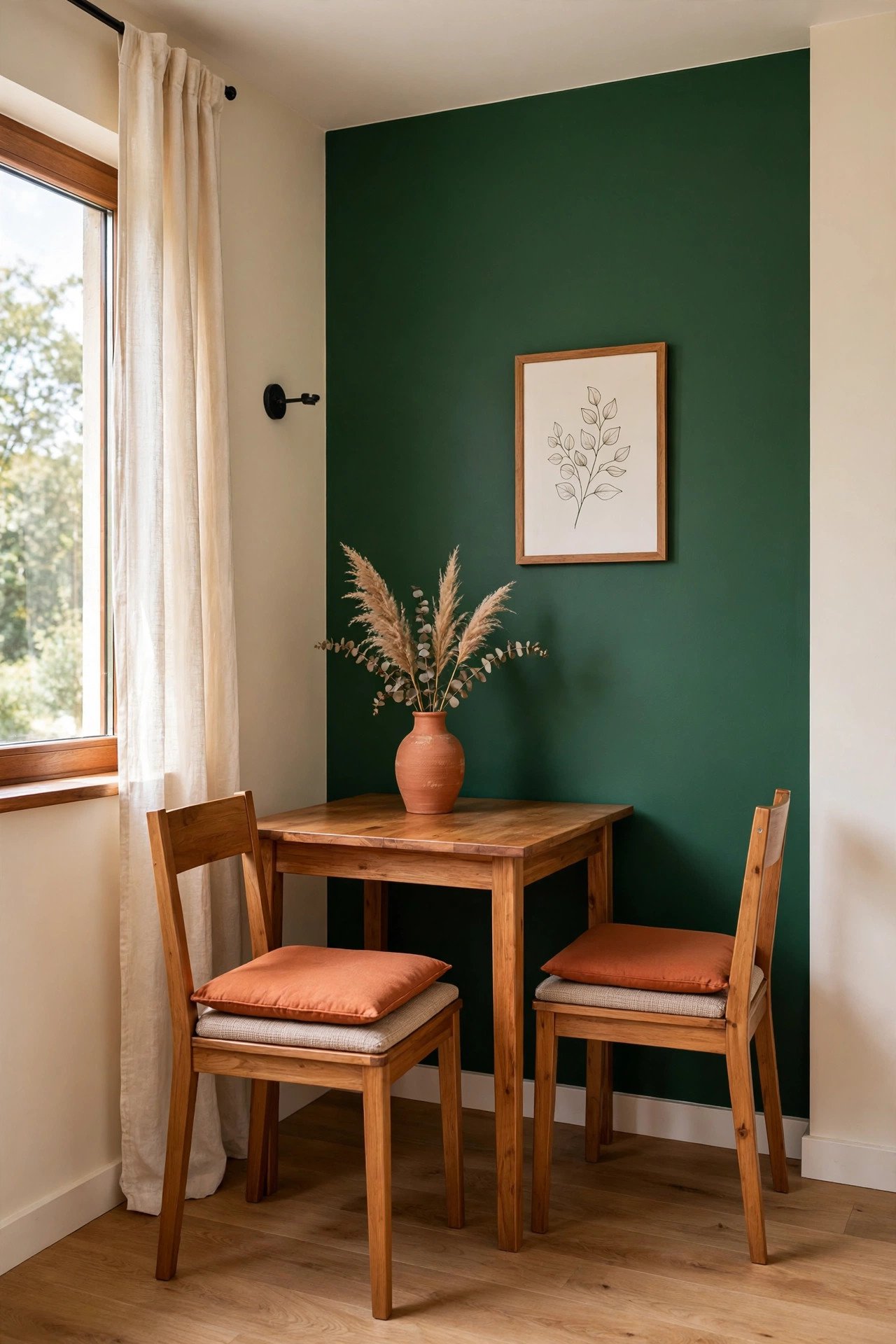 Bold accent wall layout idea adding personality to a small dining room with deep green paint
