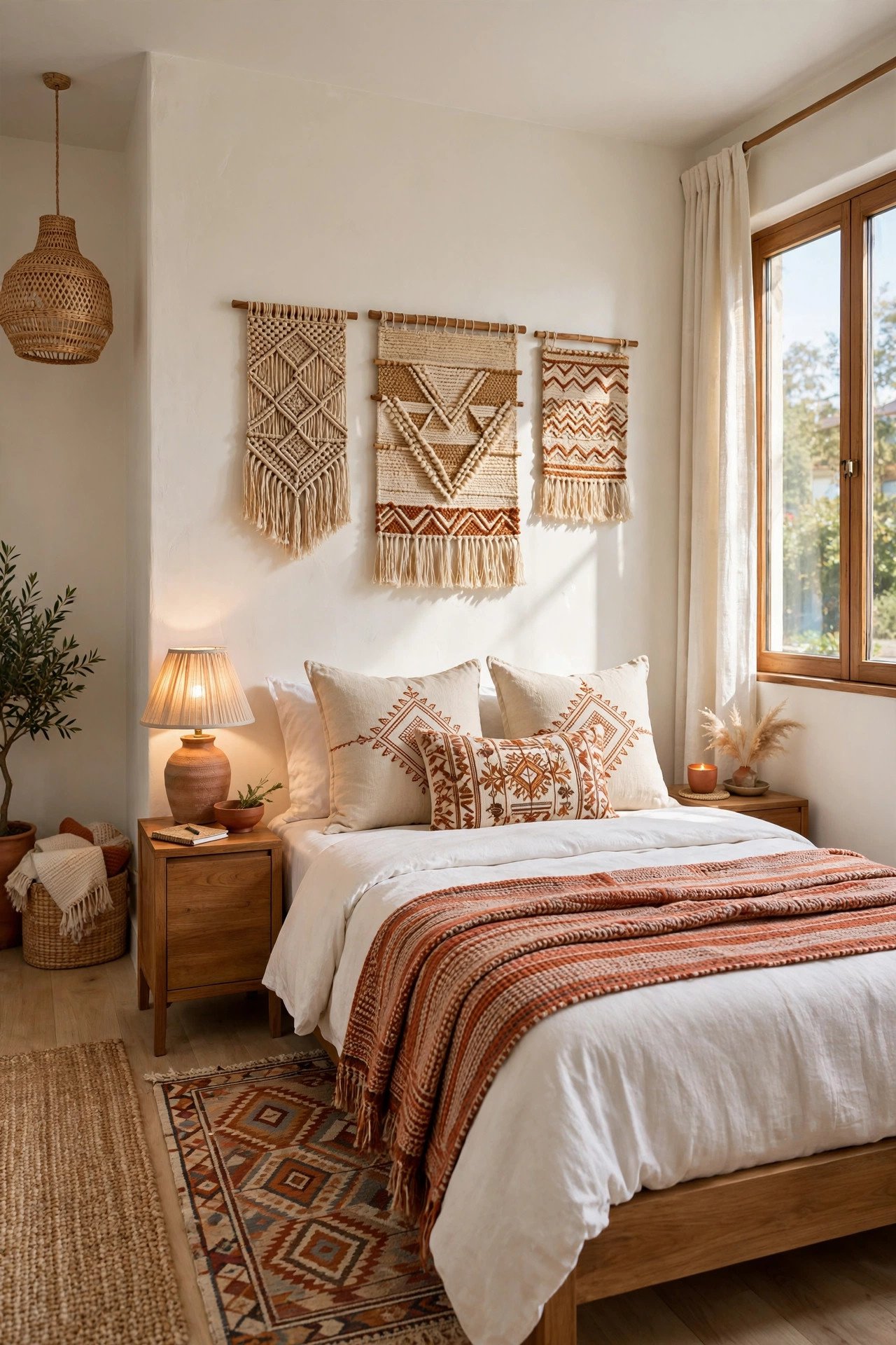 Global-inspired small guest room layout with woven blankets, embroidered pillows, woven wall hangings, and layered lighting