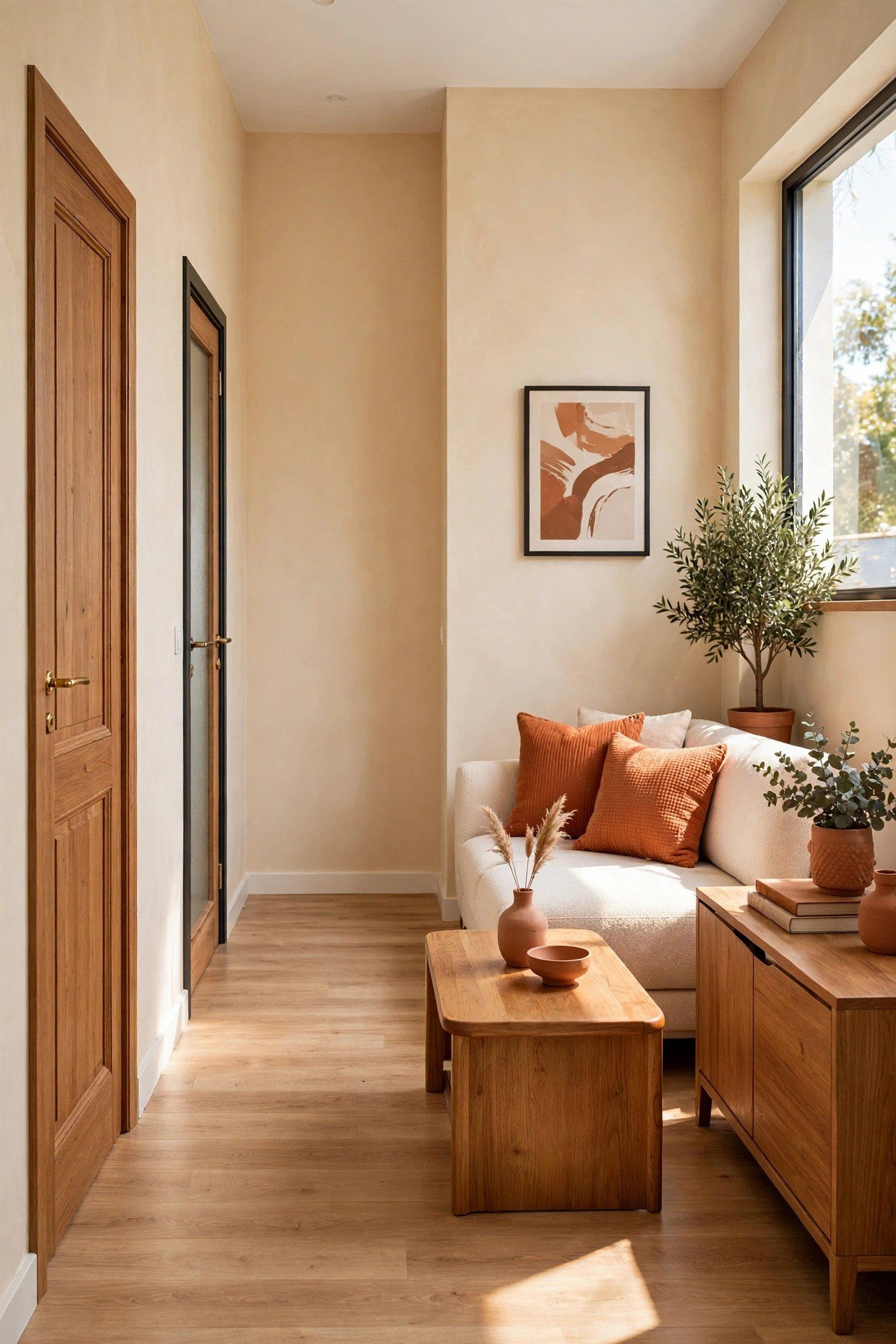 Small living room layout ideas with furniture pushed to one side leaving a clear walking path between two doors