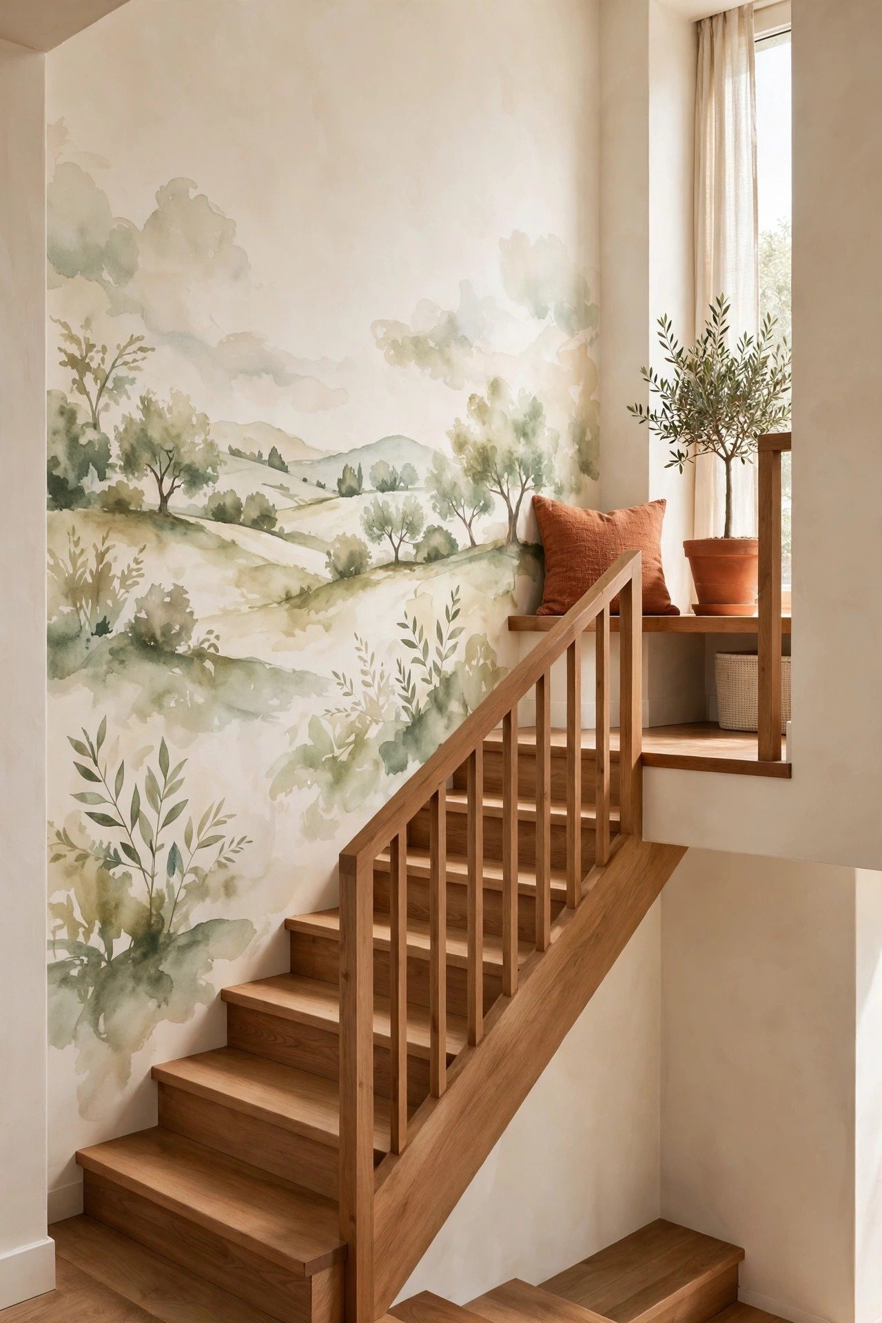 Hand-painted mural of soft watercolor landscape on a staircase wall