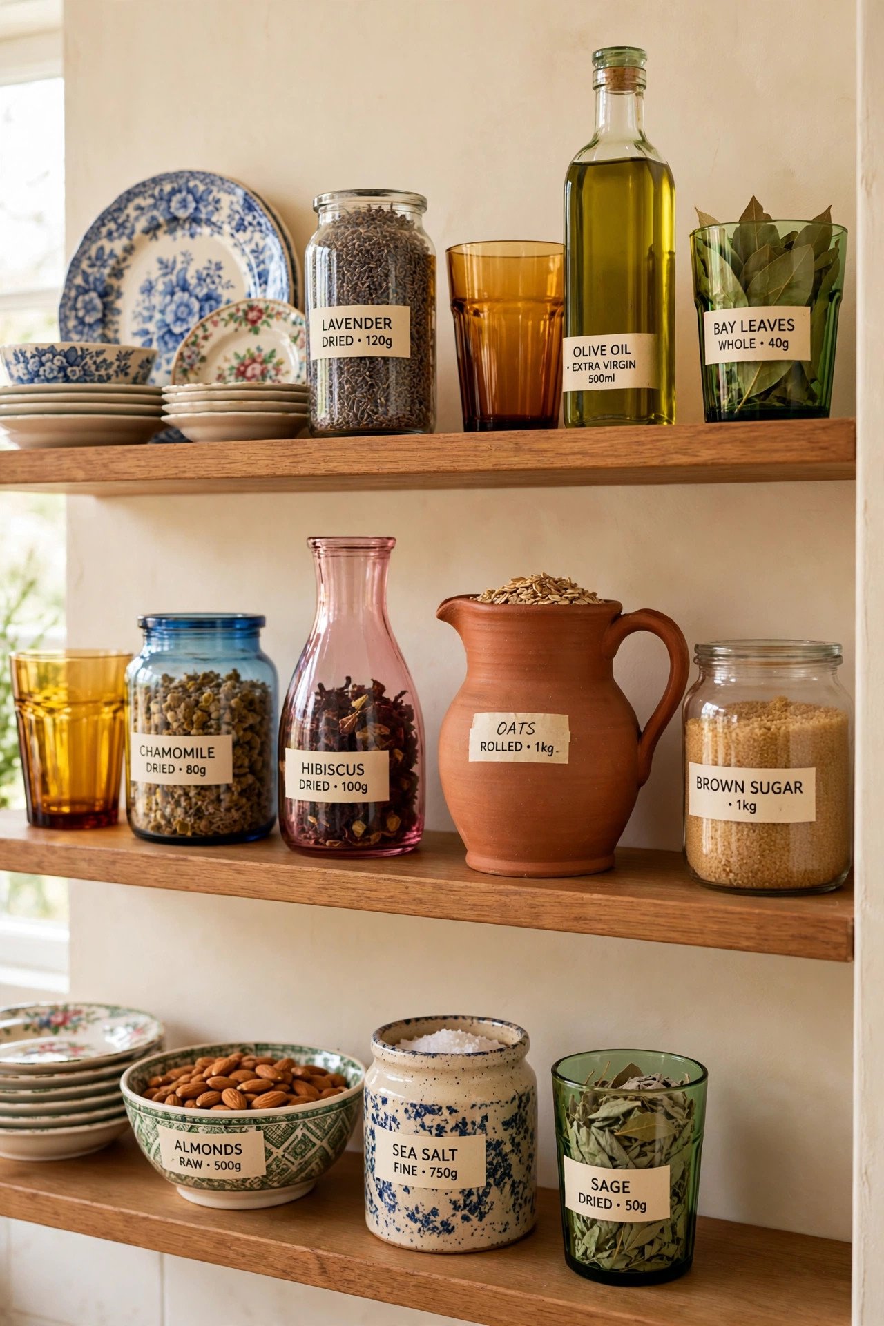 Vintage dishes and colored glassware displayed on open kitchen shelves in terracotta tones