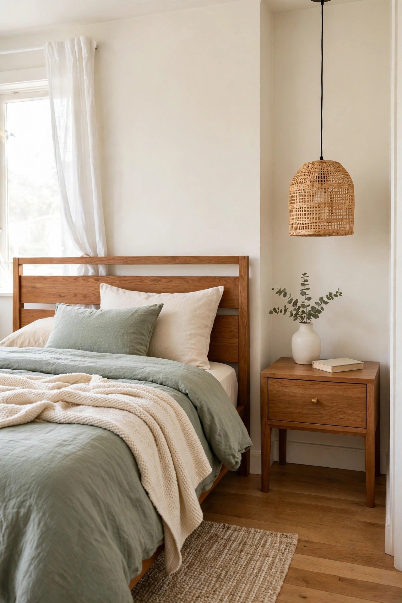 Tiny studio apartment layout idea with a cozy neutral bedroom corner in sage green and warm wood with soft textures