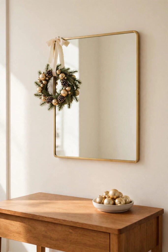 Tiny wreath hanging from a mirror corner in a rustic Christmas vanity arrangement