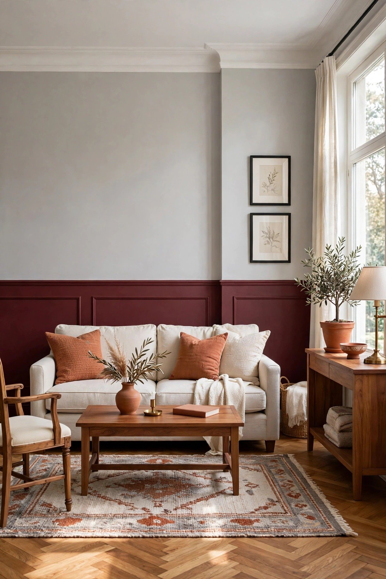 Burgundy and gray two tone wall paint ideas with deep burgundy and light gray on formal living room walls
