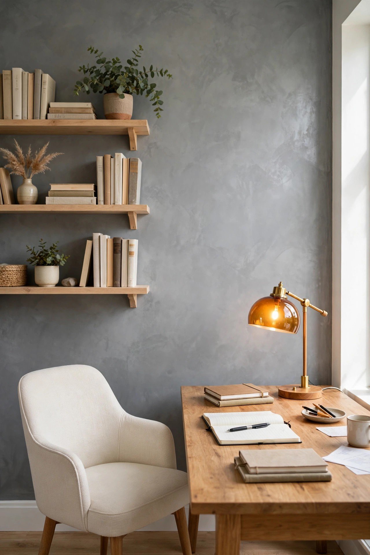 Cool steel grey Venetian plaster wall in a home office with desk and shelves