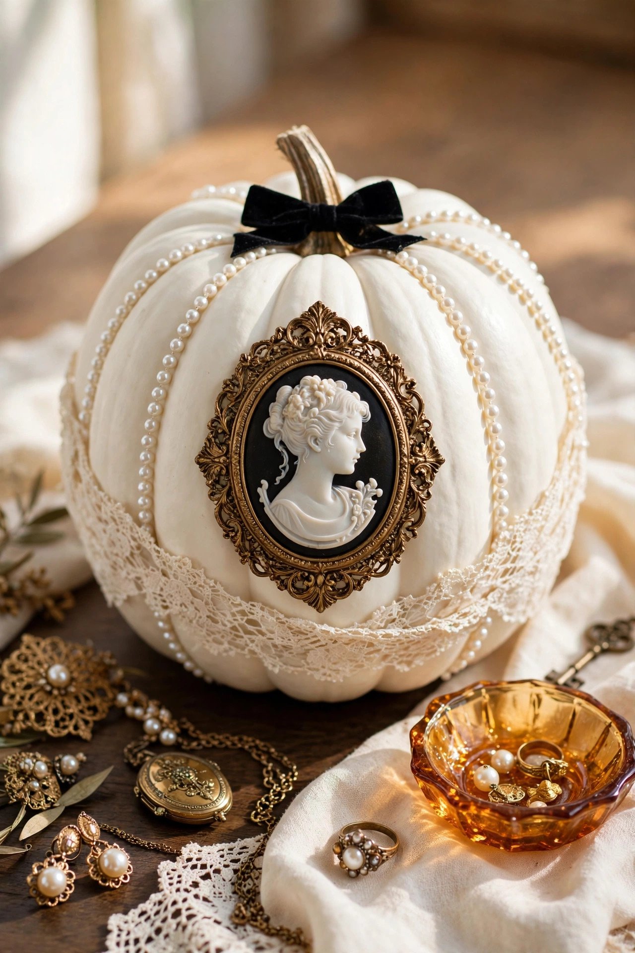 White pumpkin with antique lace, gold cameo frame and pearl strands