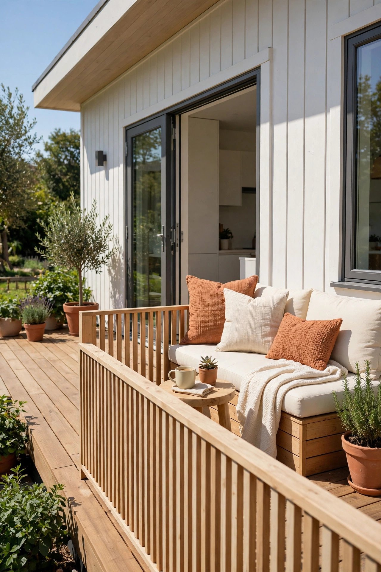 Private wooden terrace deck with railing and cozy seating