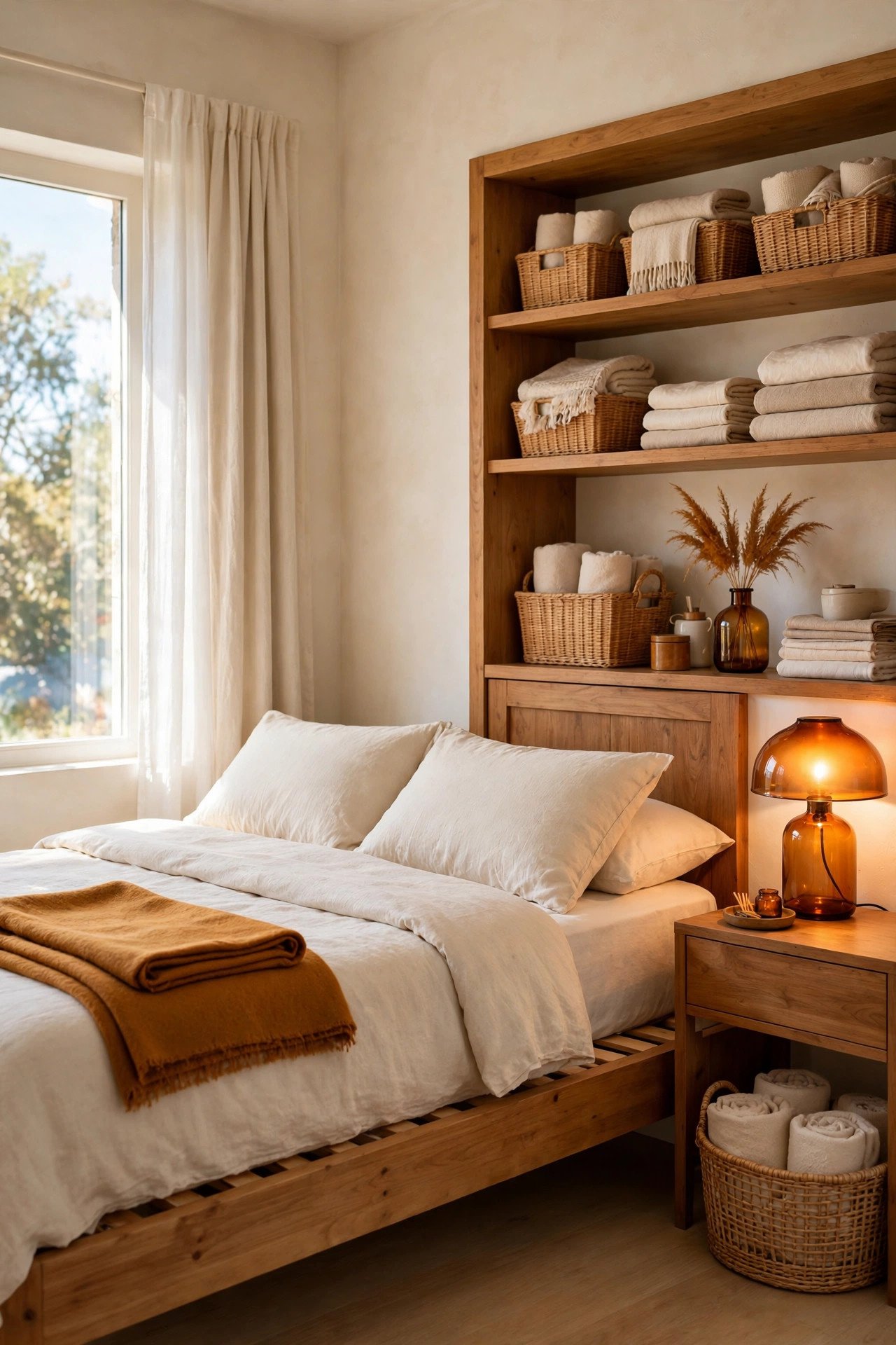 Minimal uncluttered bedroom with clean surfaces