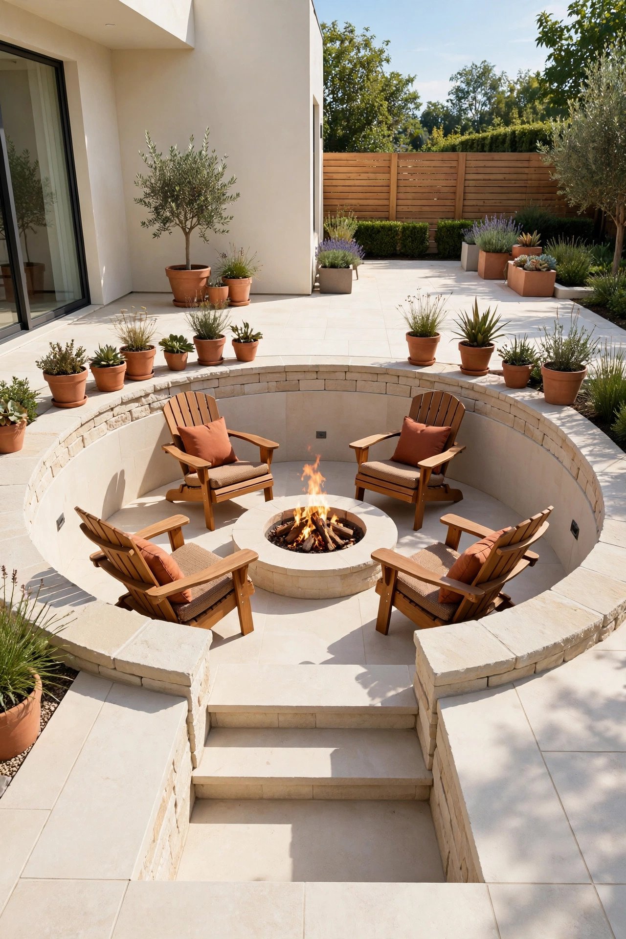 Sunken fire pit nook with wooden Adirondack chairs and terracotta cushions
