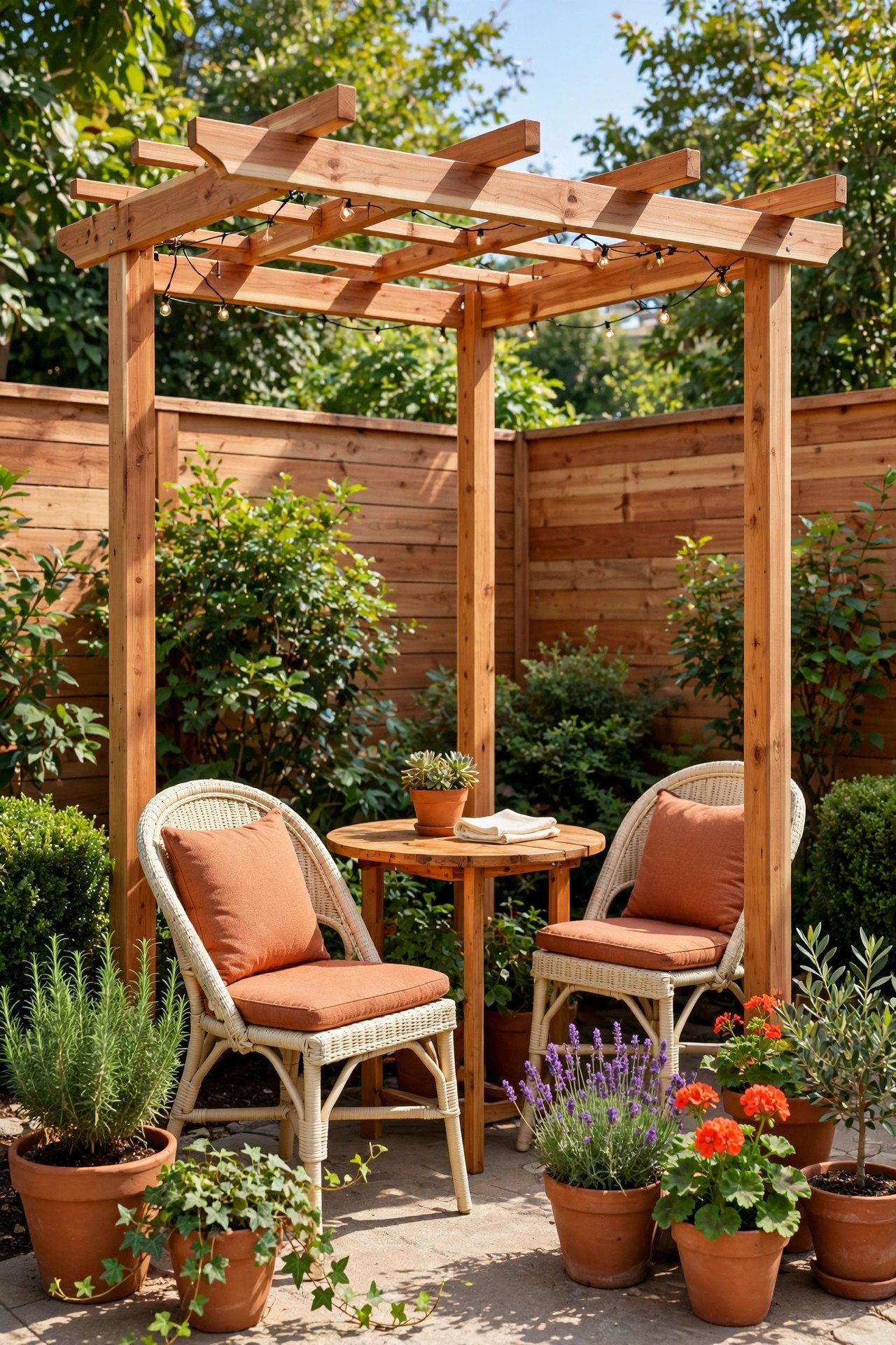 Petite wooden pergola with a bistro set on a tiny patio