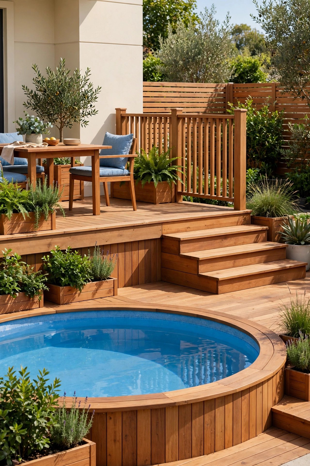 Terraced wooden deck wrapping an above-ground pool