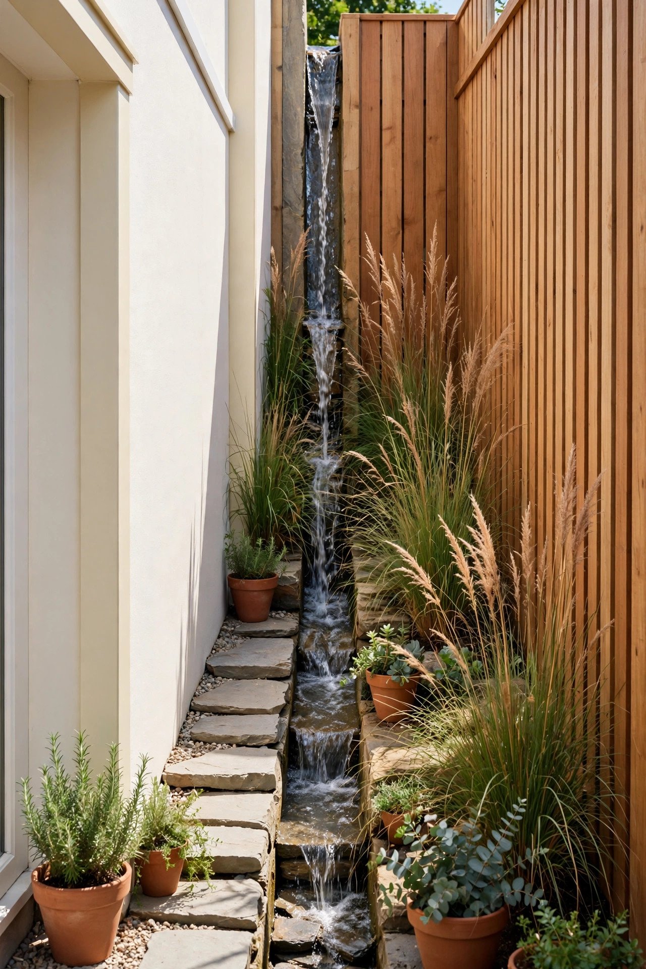 Slim waterfall in a narrow side yard garden