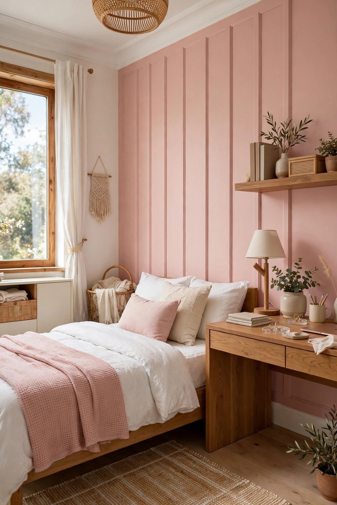 Teen bedroom with blush pink board and batten accent wall, white bedding, and a wood desk