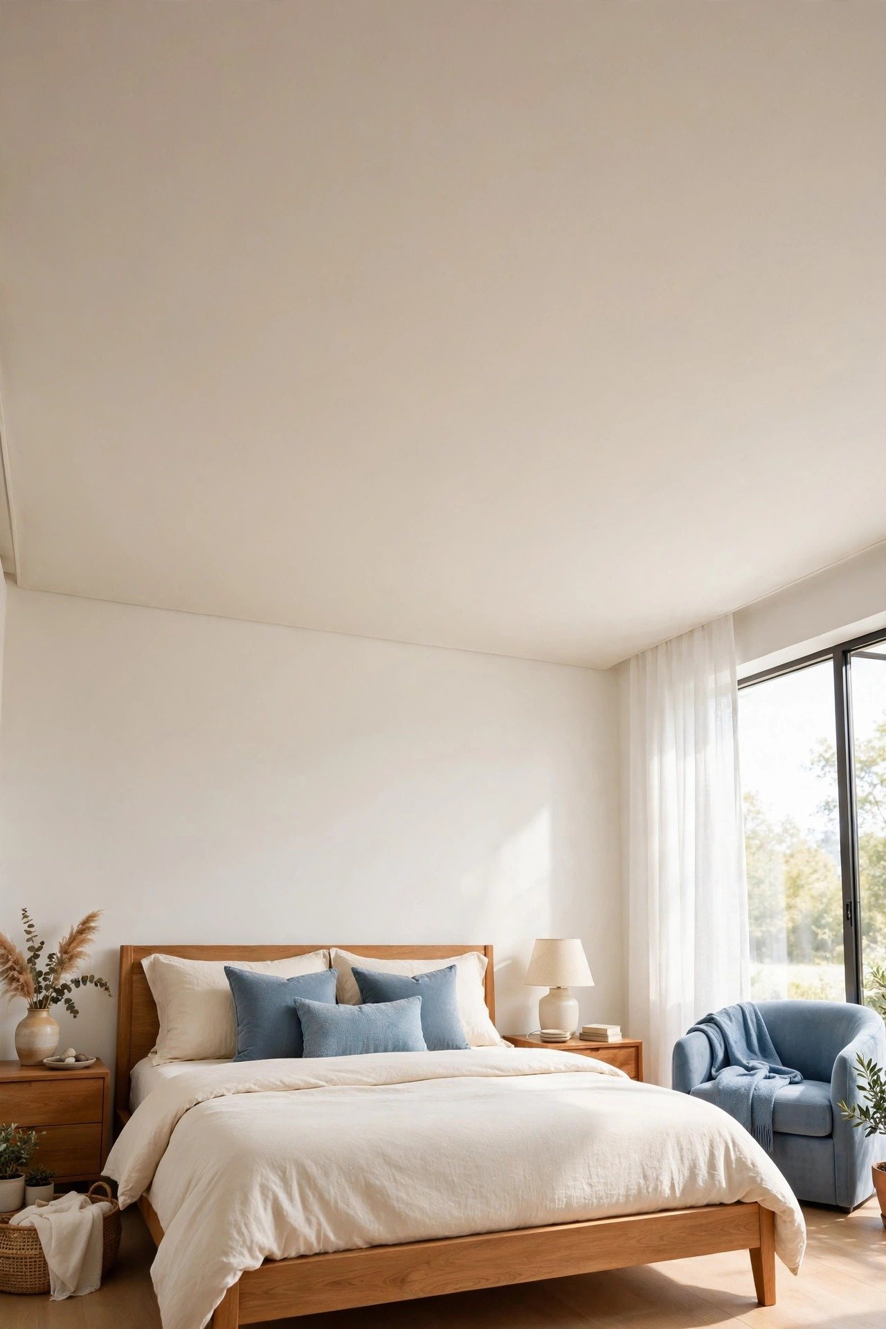 Serene bedroom with a smooth stretched fabric ceiling in warm white, giving a soft seamless finish