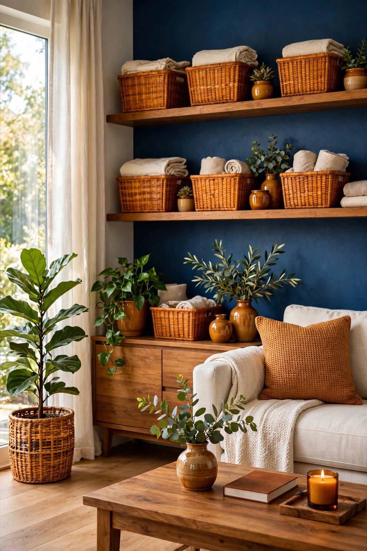 Deep blue living room with woven baskets, plants, and warm wood