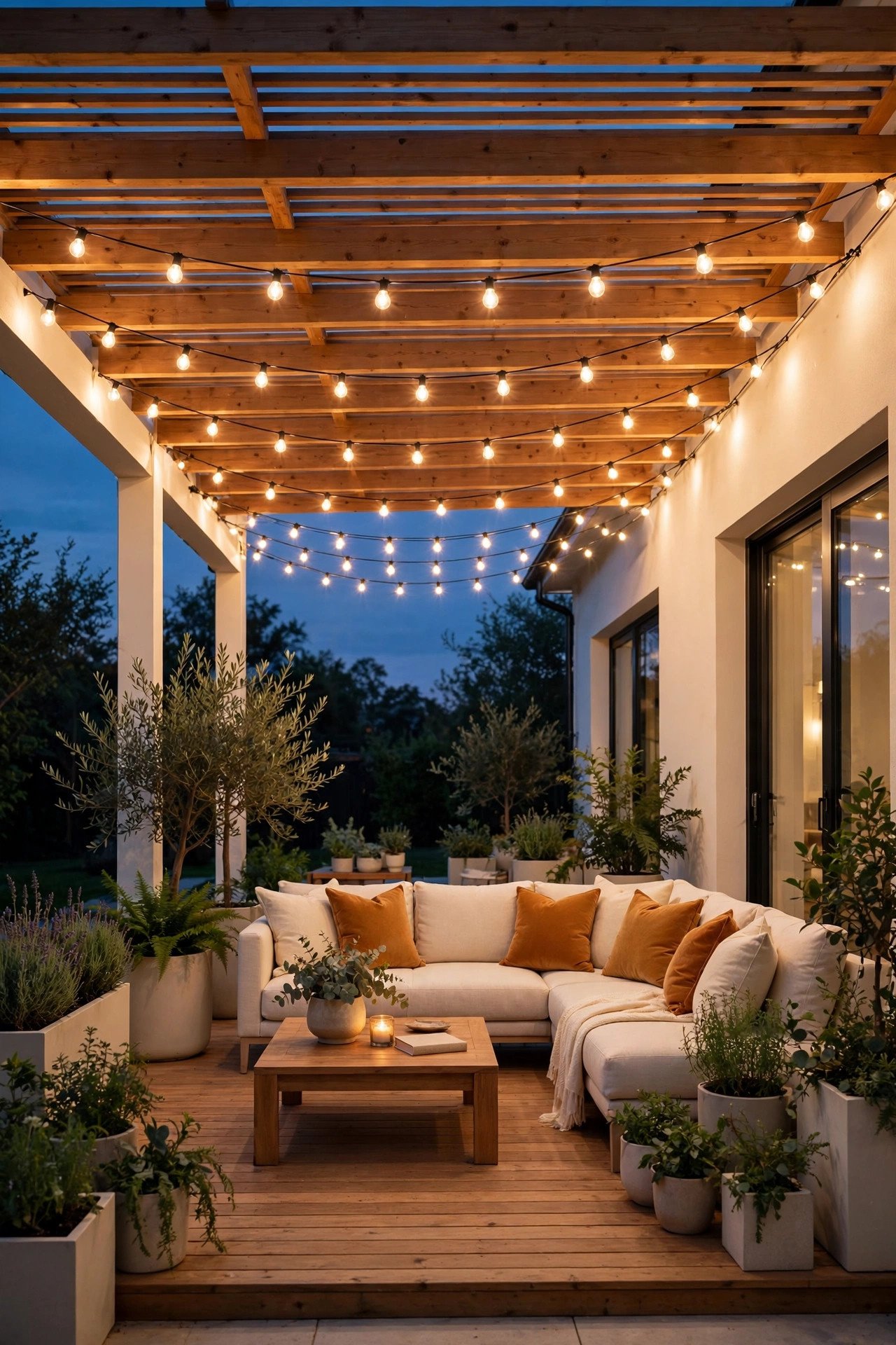 Covered patio with corrugated plastic roof and rustic bench