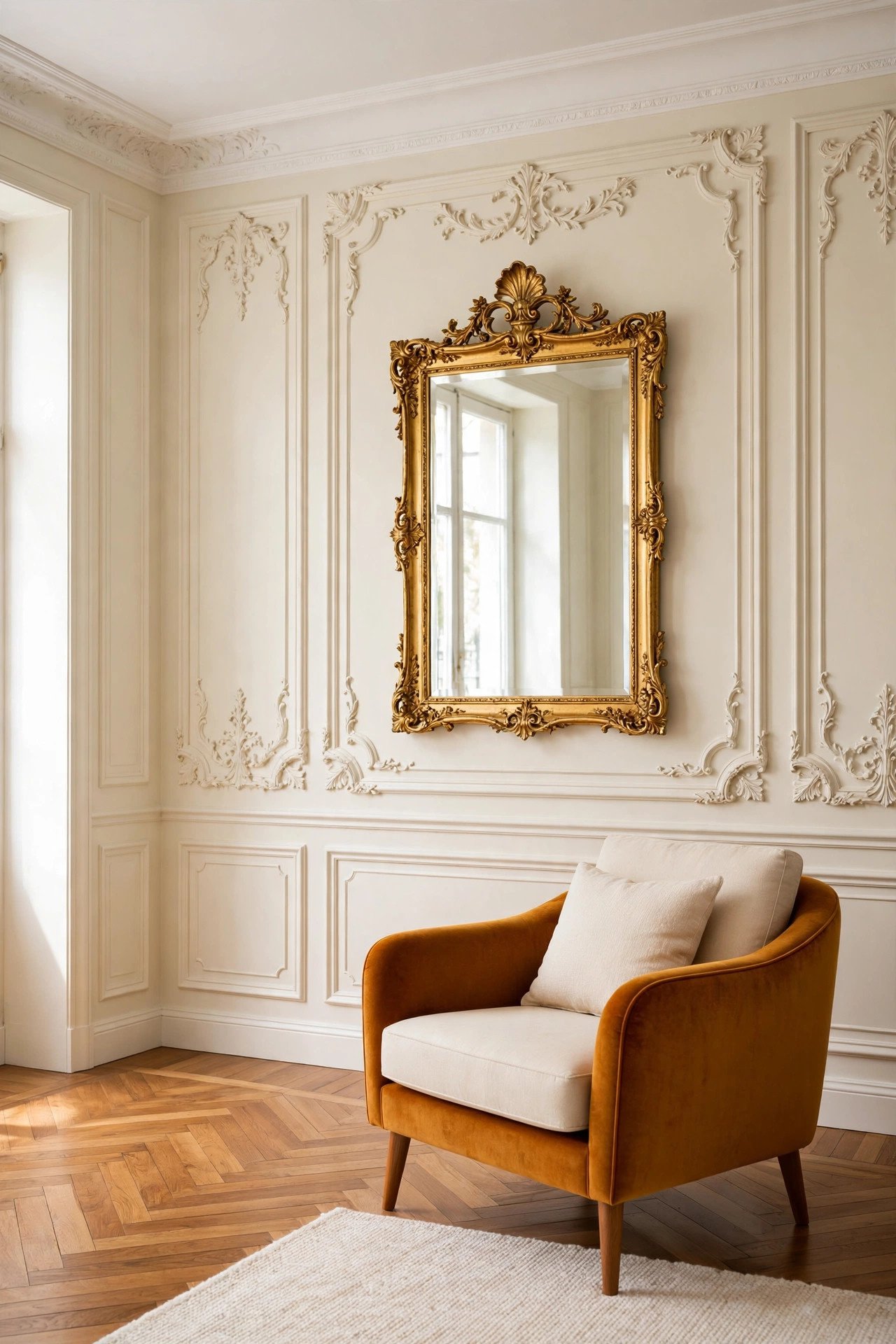 Cream paneled wall with rich carved molding detail, ornate mirror, and warm wooden floor