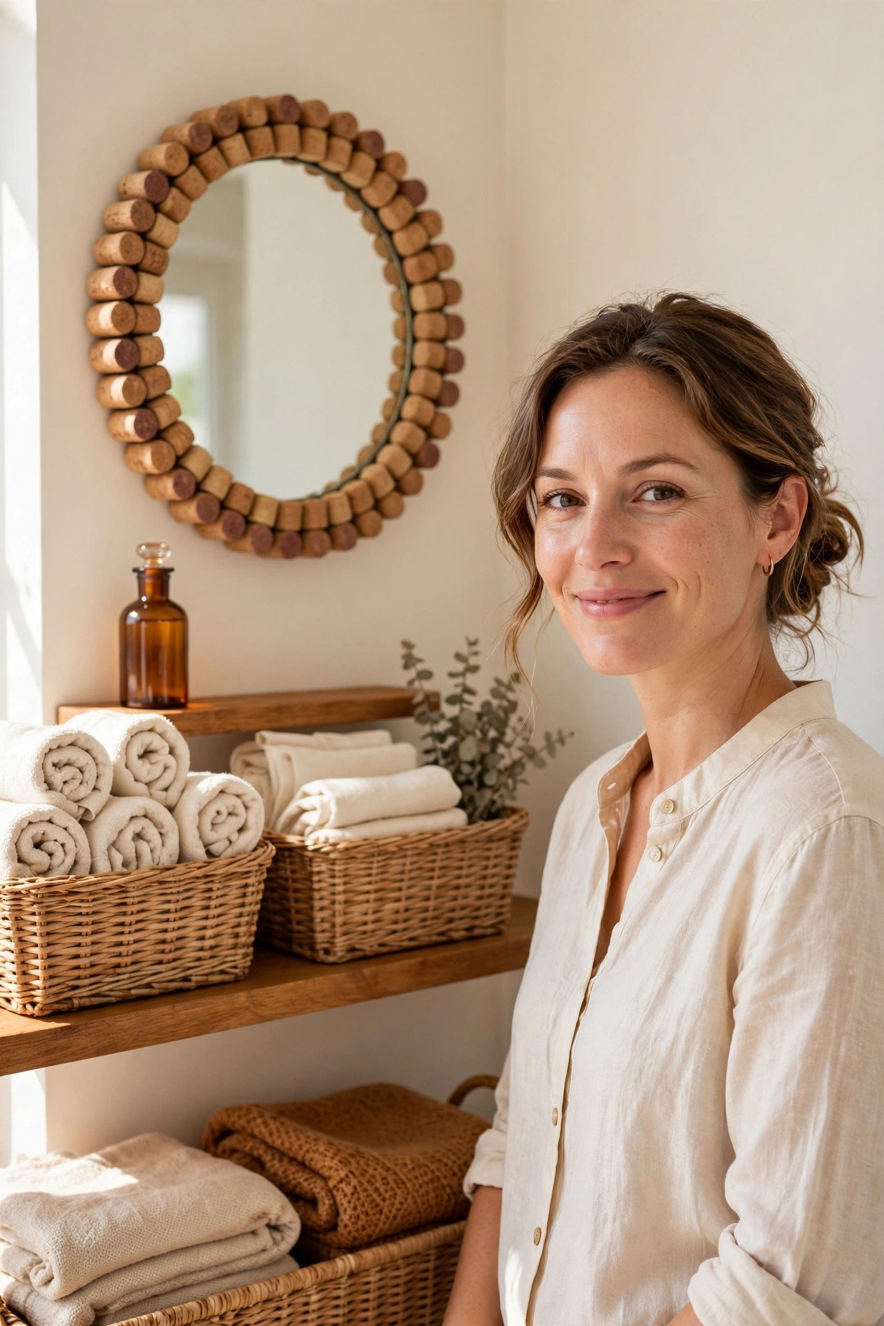 Mirror framed with rows of wine corks in a pattern