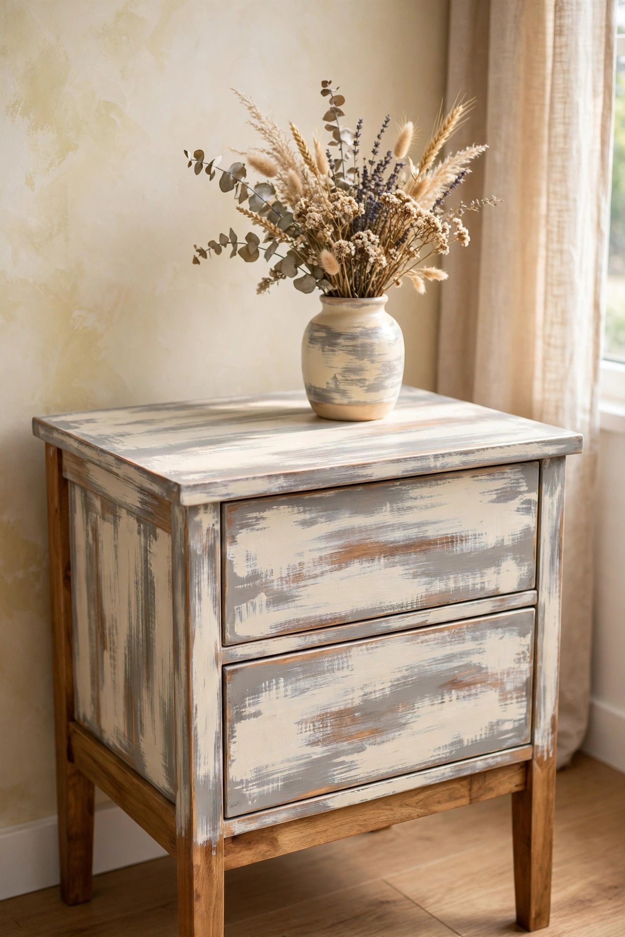 Side table with a dry brush paint technique in layered cream and gray in a living room