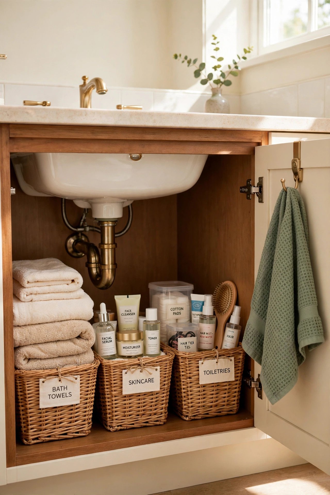 Bathroom storage with labeled dollar store baskets organizing towels and toiletries under a sink in sage green tones