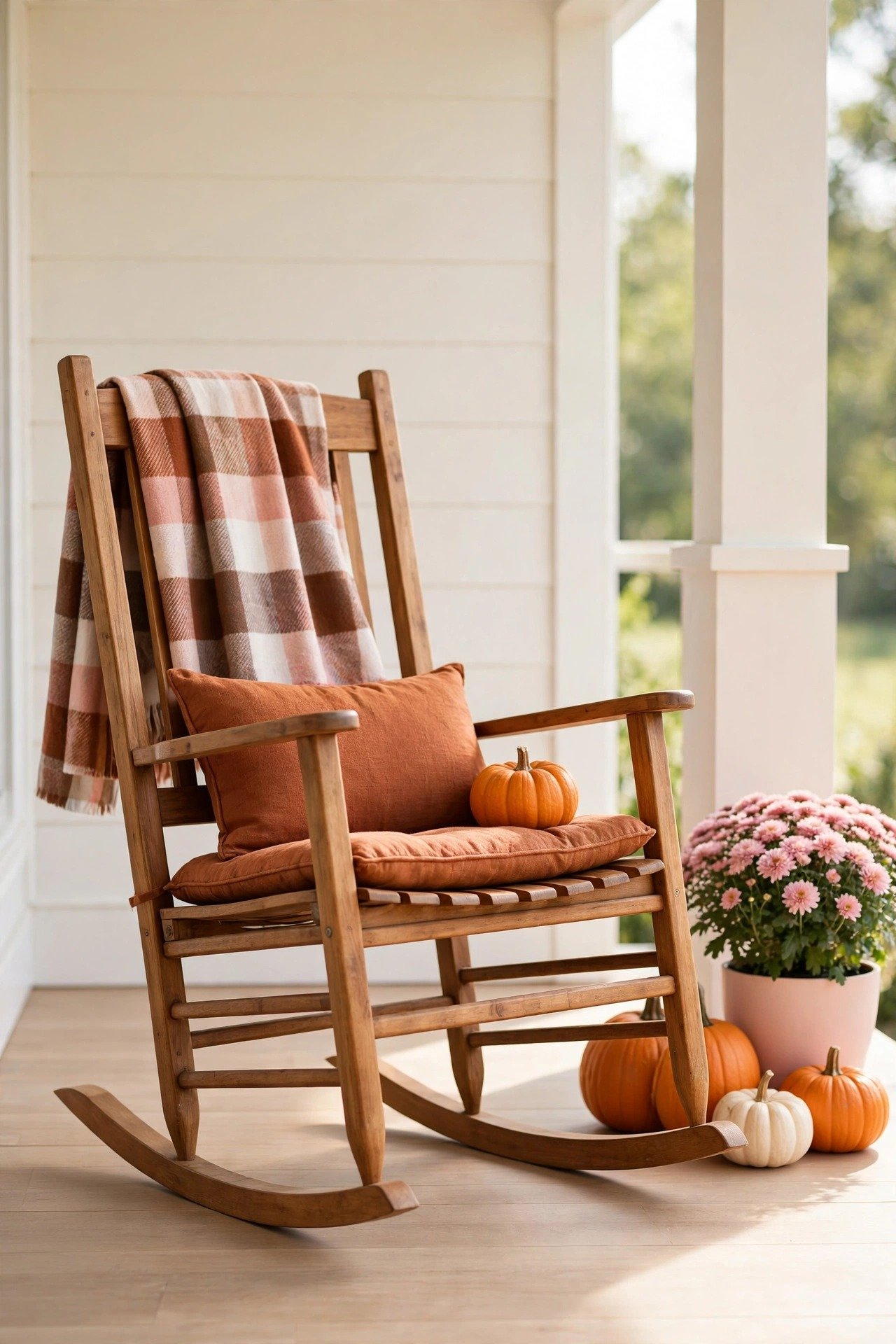 A wooden porch chair with a cozy plaid fall throw blanket and a cushion in warm tones