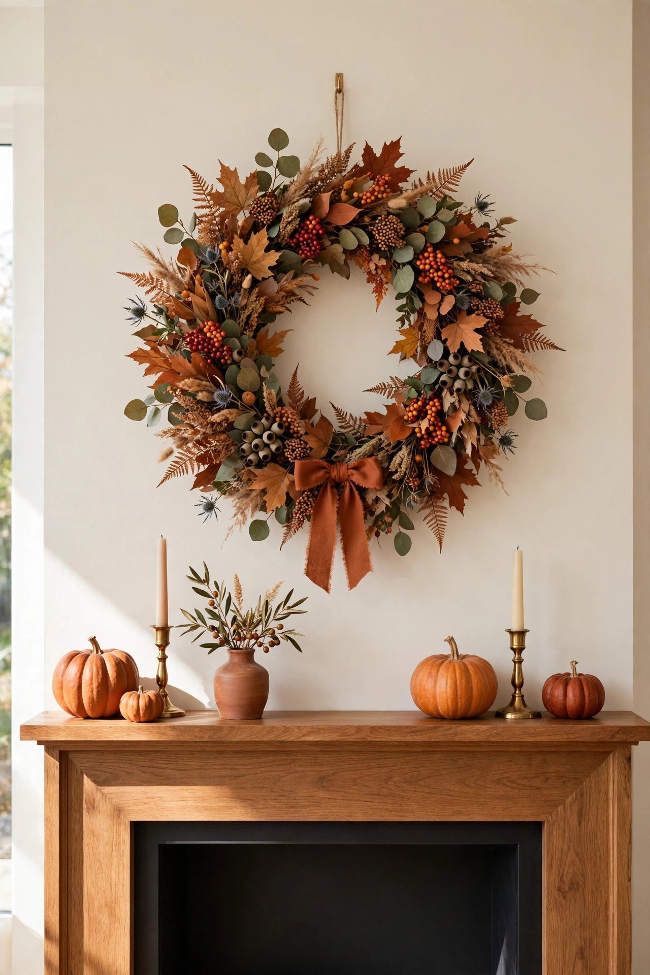 Large fall wreath with autumn foliage and berries hanging above a styled fireplace mantel, terracotta accents