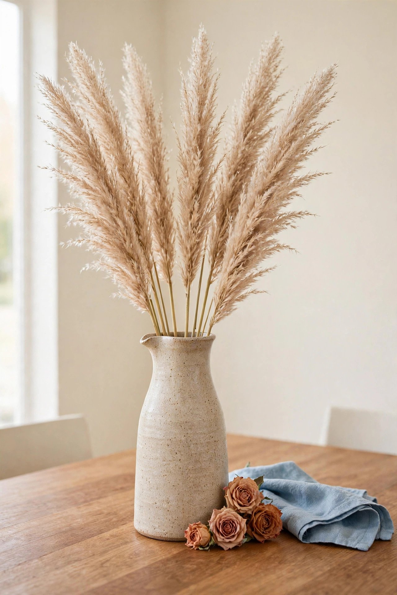 Tall pampas grass stems in a stoneware pitcher on a fall table