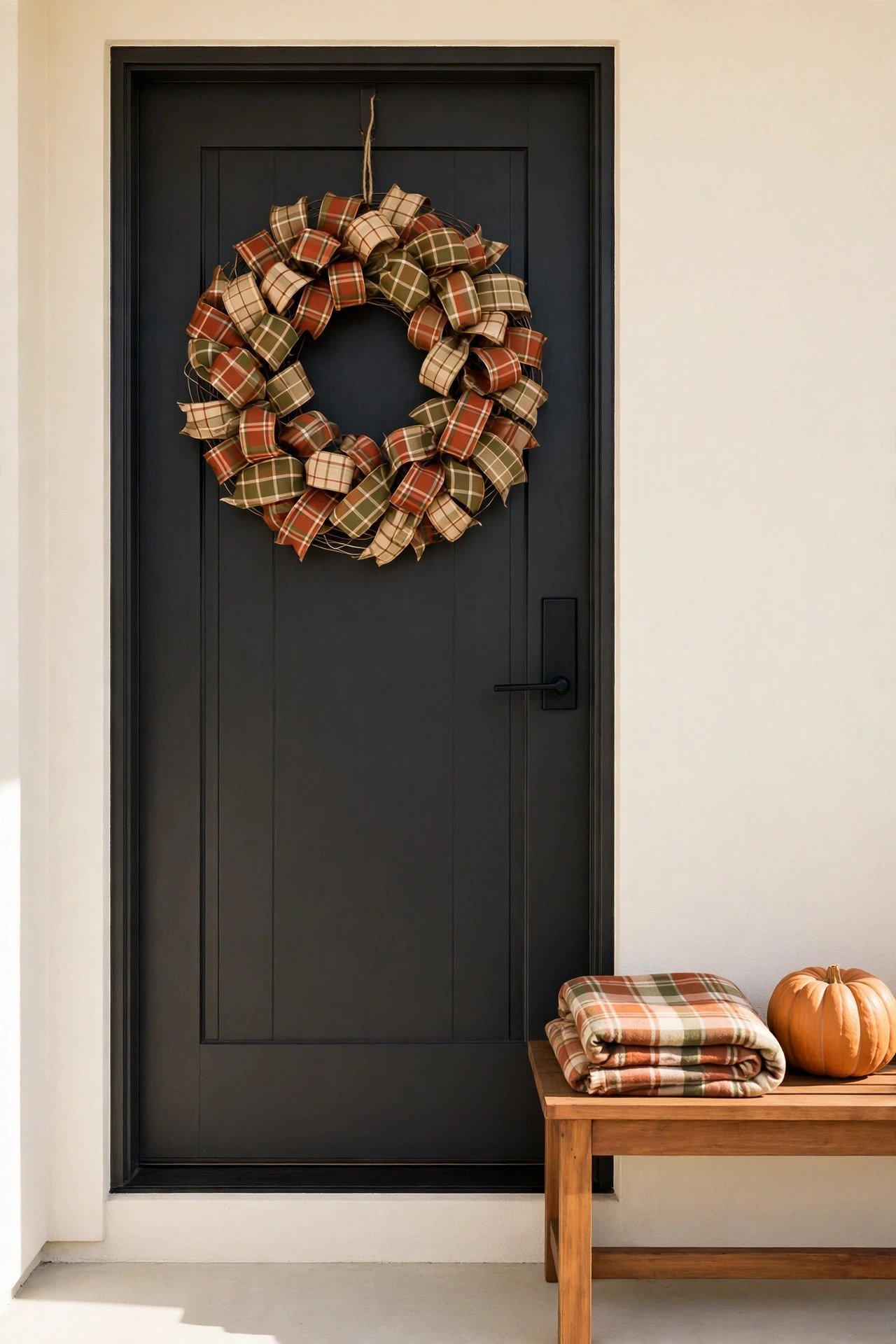 Full cozy wreath of rust, olive and cream autumn plaid ribbon loops on a dark charcoal door