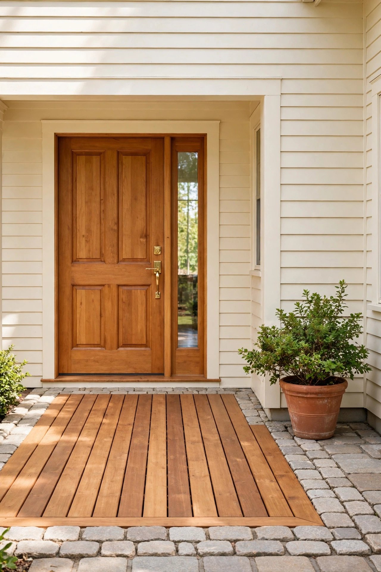 Front porch floor mixing wood decking and stone pavers