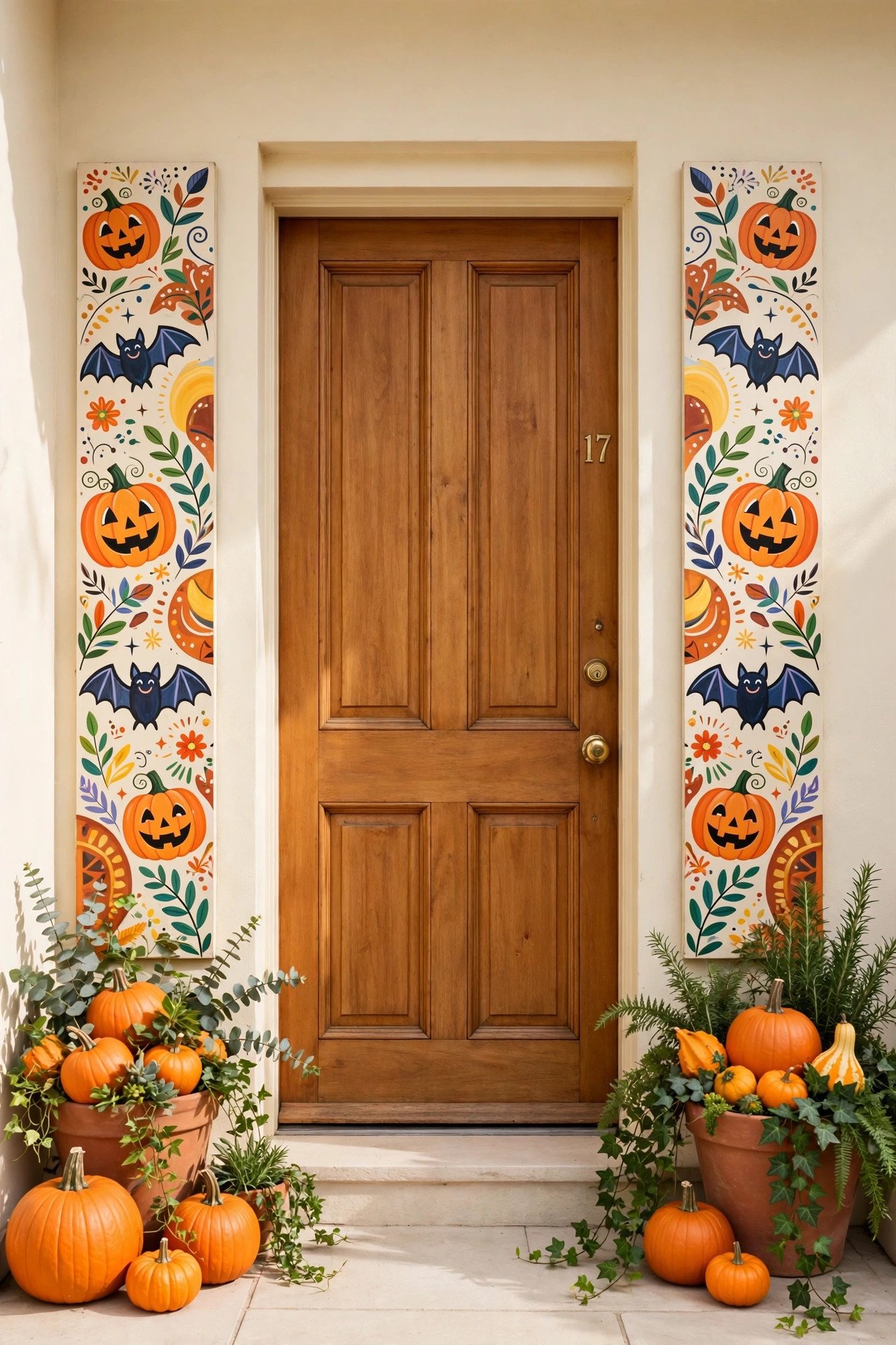 Front door framed by colorful painted Halloween panels with pumpkins and greenery