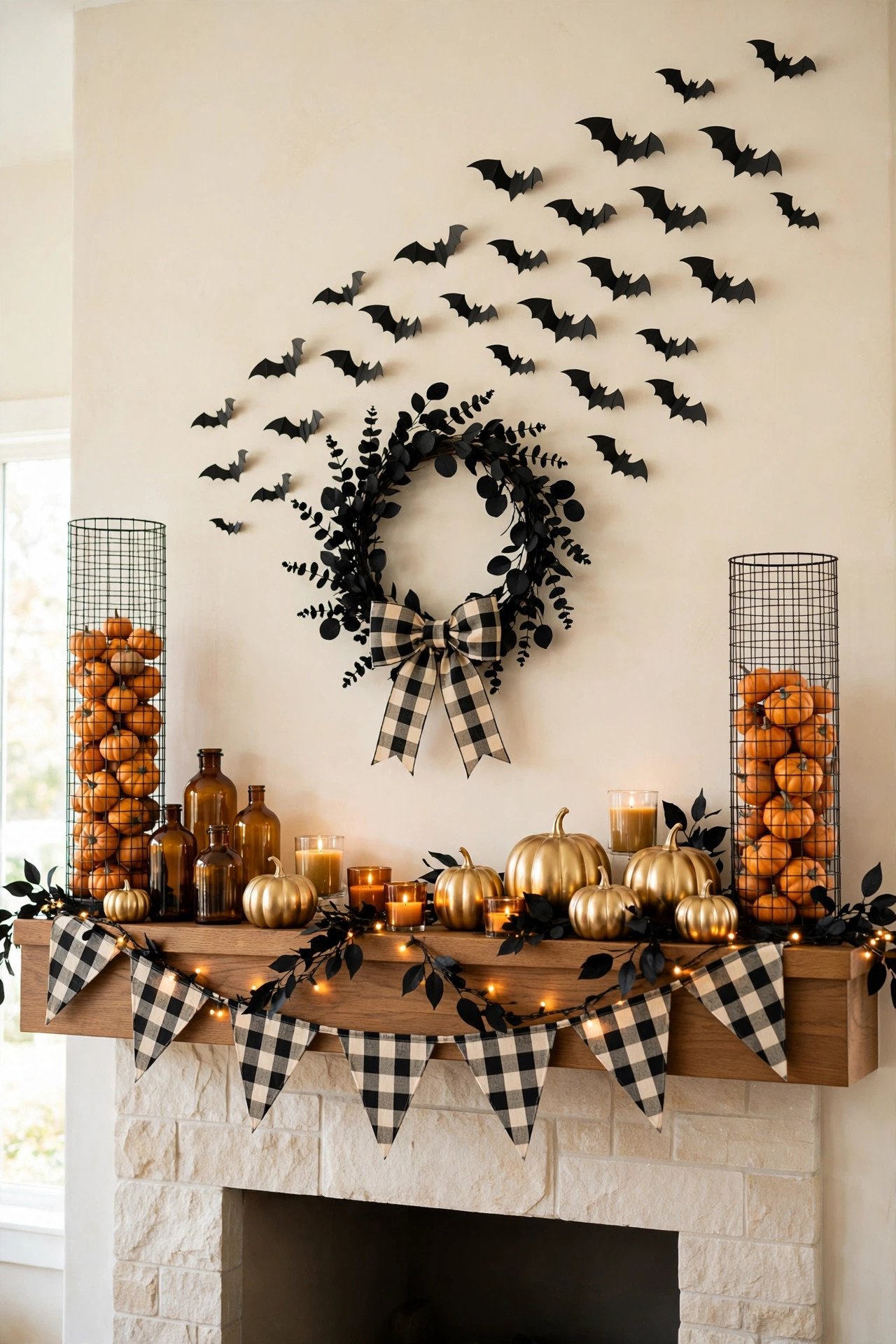 Farmhouse mantel with buffalo-check garlands, pumpkin towers and paper bats
