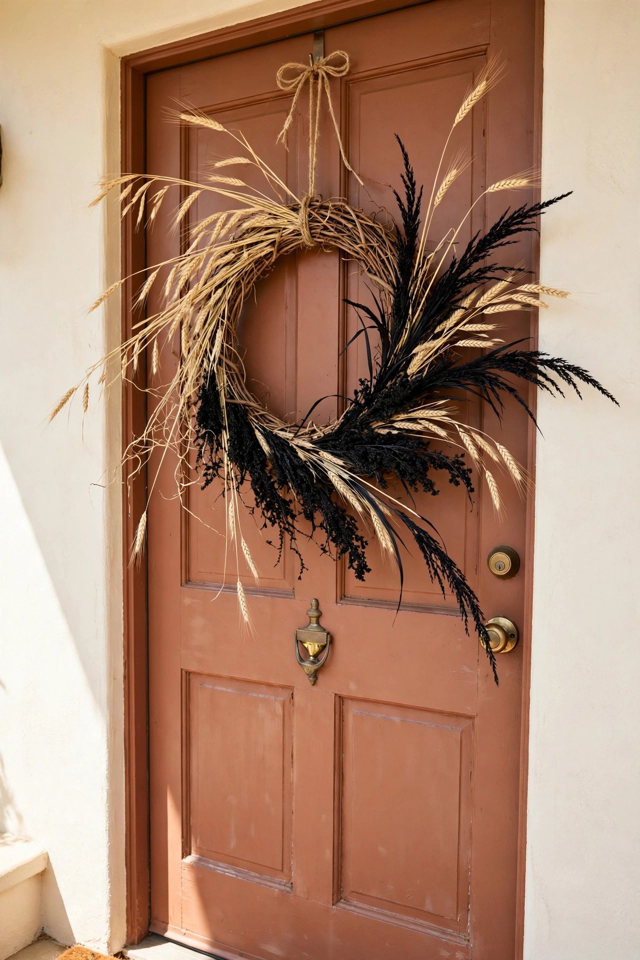 Halloween wreath of dried barley and darkened ornamental grasses on a grapevine ring