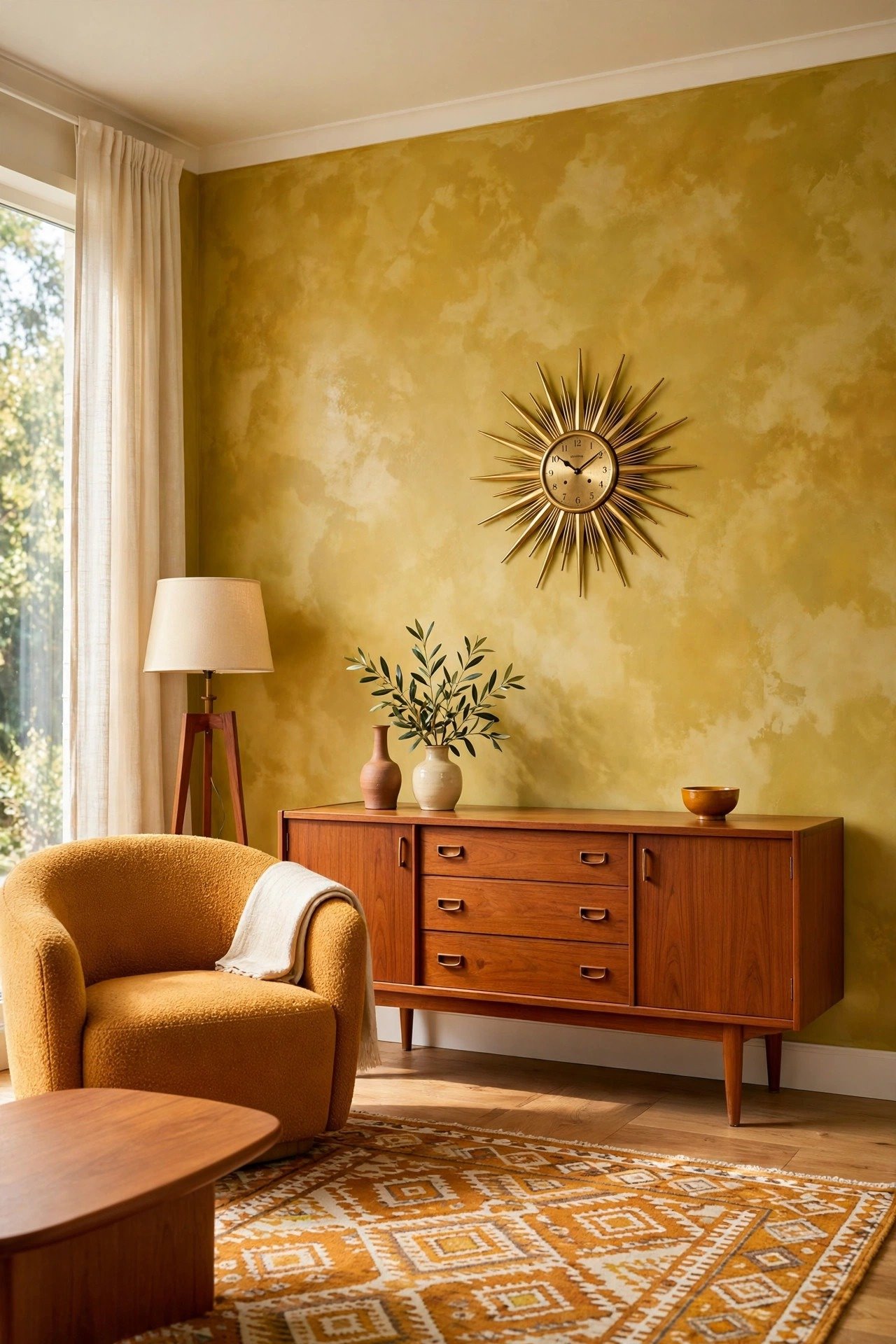 Ochre limewash wall with golden texture in a midcentury living room with vintage furniture